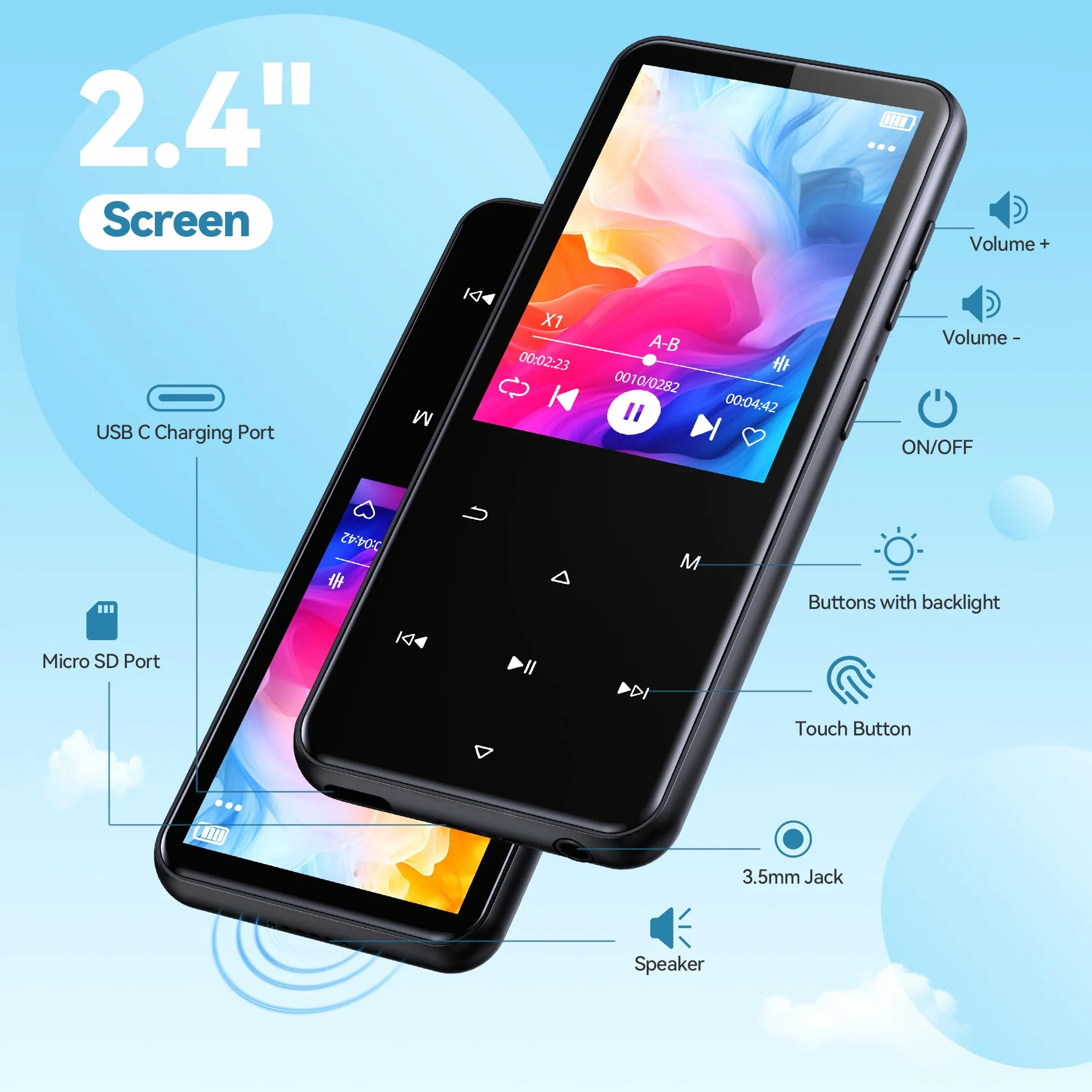 AGPTEK Odtwarzacz MP3 64 GB Bluetooth 5.3 kolorowy ekran TFT 2,4" czarny