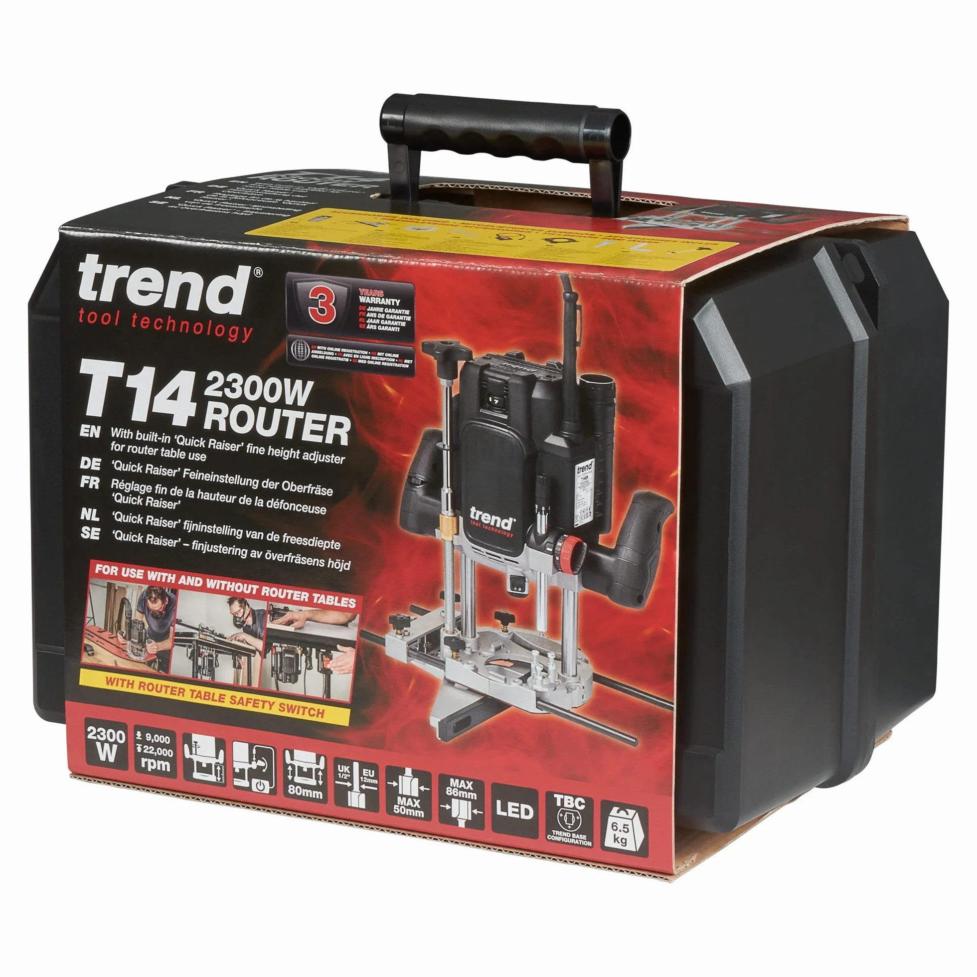 Trend T14EK 2300W 12 mm - warsztatowa frezarka o zmiennej prędkości 230V EU, głębokość zanurzenia 80 mm, idealna do użytku ręcznego i stołu frezarki, T14EK/EURO