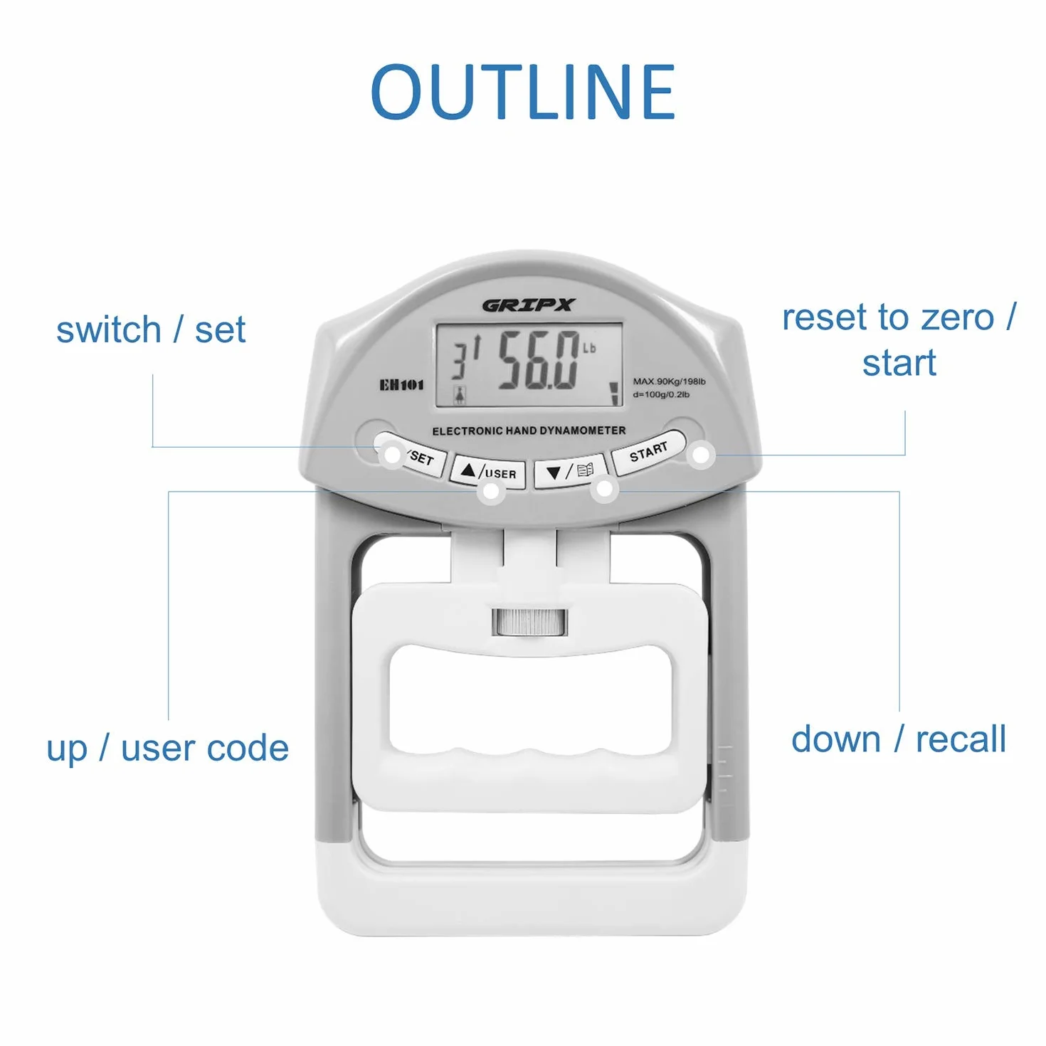 Cyfrowy ręczny dynamometr ręczny miernik pomiaru siły chwytu automatyczne przechwytywanie elektroniczny uchwyt ręczny moc 89.8 kg / 90 kg