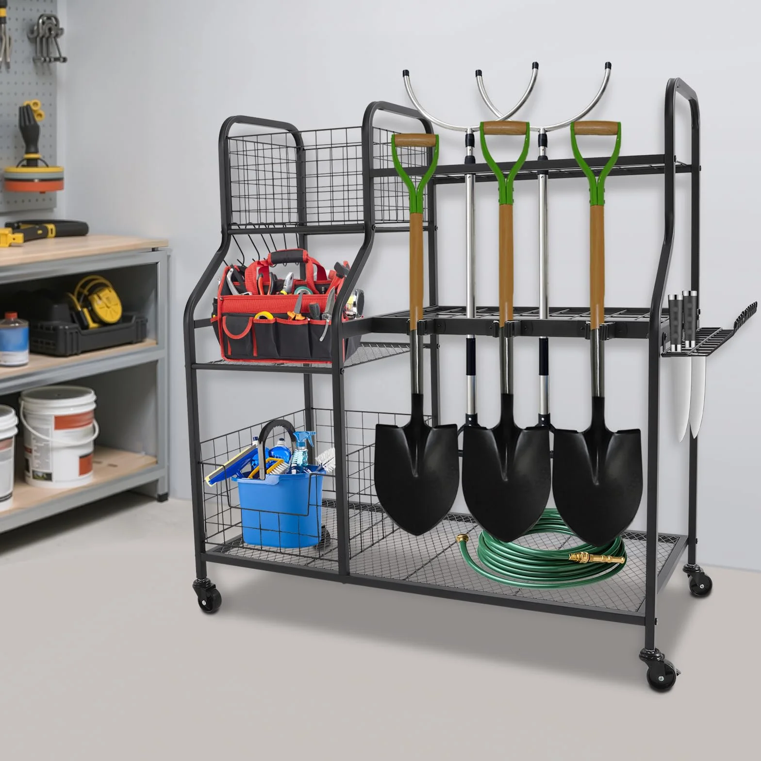 Organizer na narzędzia ogrodowe 91,95*41,91*94cm Garden Tool Organizer z 4* uniwersalnymi rolkami i podkładkami pod stopy, stojak na narzędzia ogrodowe do przechowywania narzędzi ogrodowych, urządzeń