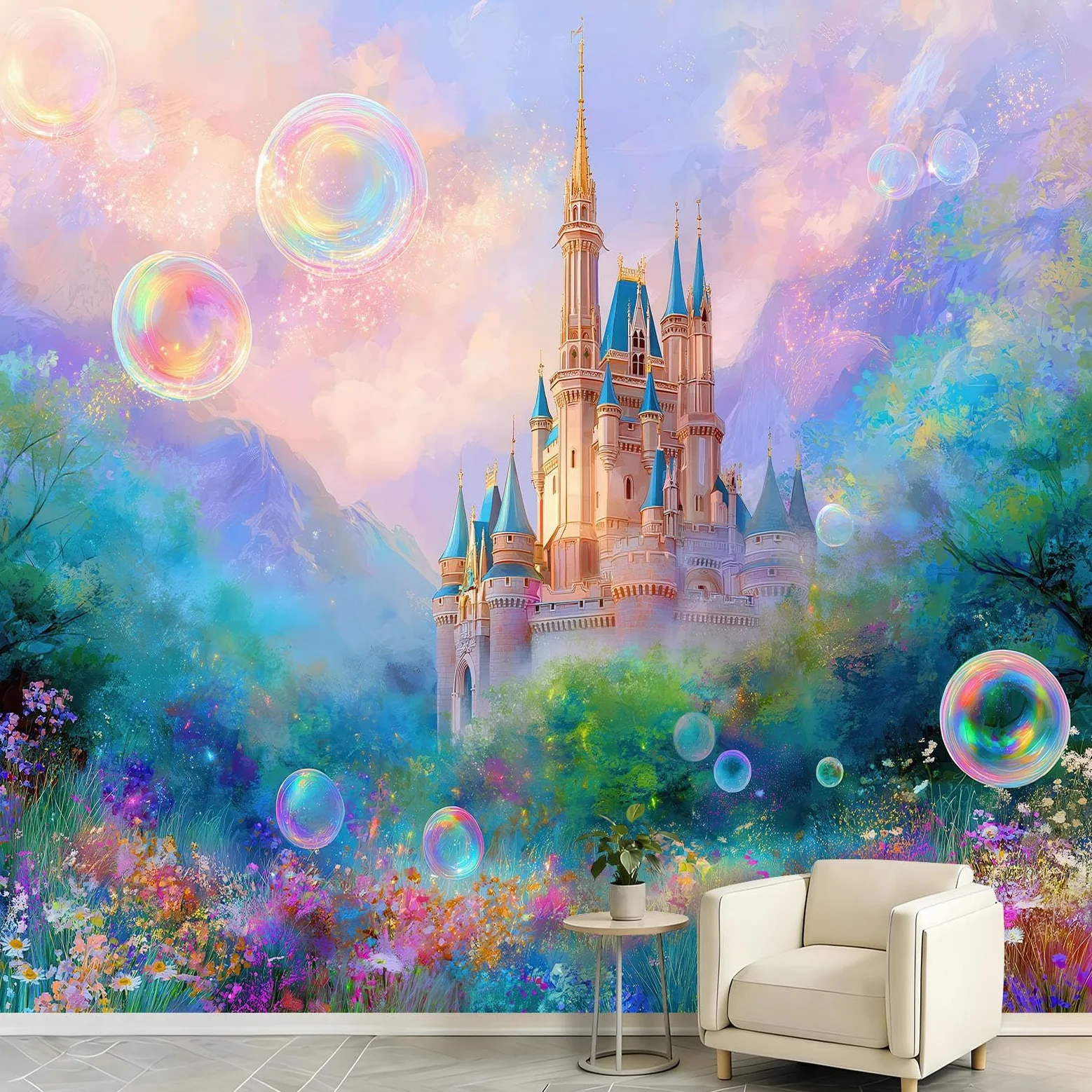 Générique 3D tapeta las zamek bąbelki, panoramiczna tapeta 400 x 280 cm - do salonu sypialnia łazienka i kuchnia dekoracja ścienna plakat, romantyczna kreskówka