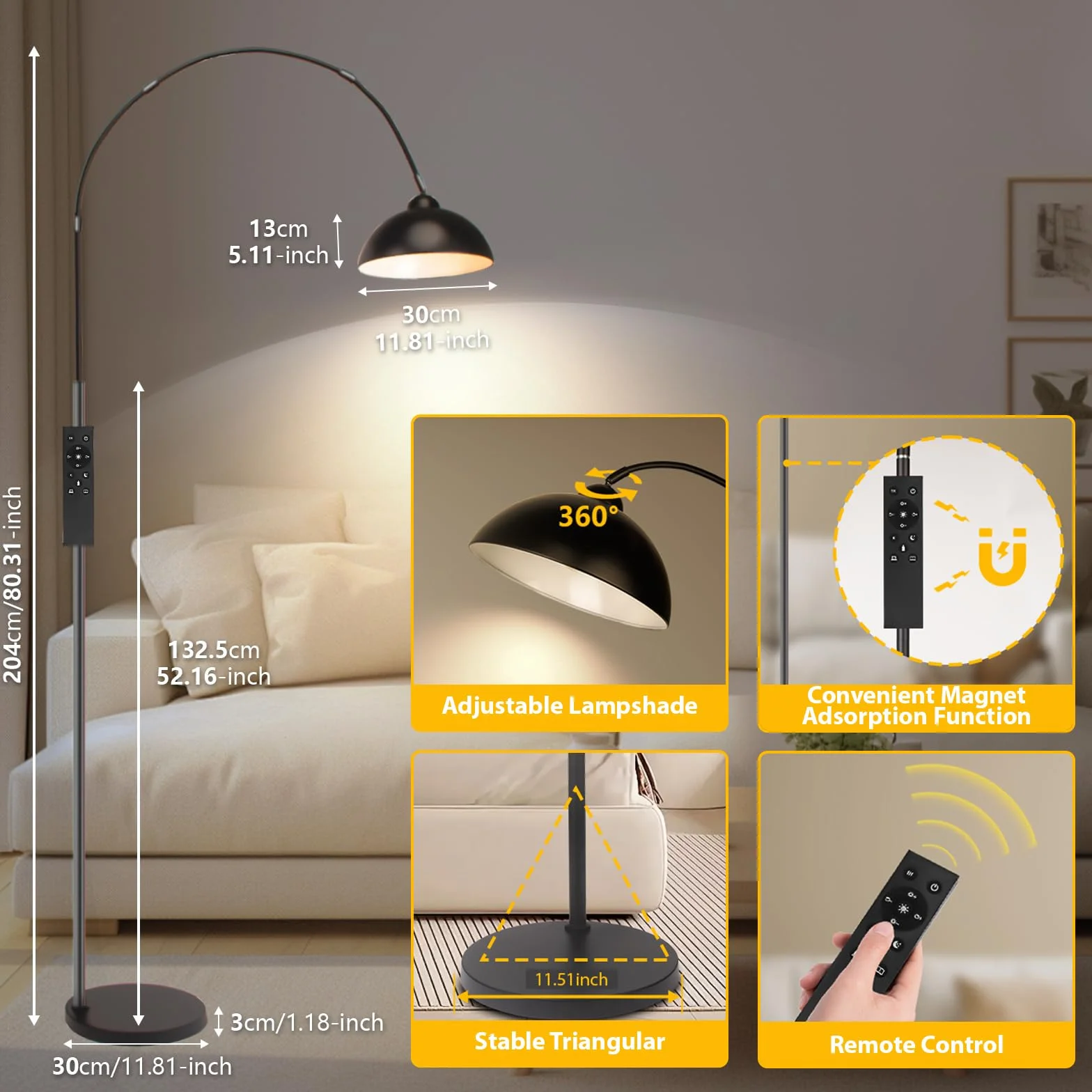 Lampa łukowa LED ściemniana elegancka lampa podłogowa z czarnym obrotowym kloszem lampa podłogowa magnetyczna pilot do salonu łóżko biuro