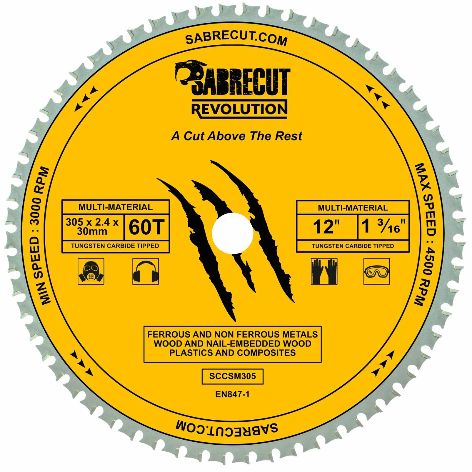 SabreCut 1pc SCCSM305_60 305mm 30mm 25.4mm 20mm 60T Tarcza pilarska TCT | Heat-treated high-grade steel ostrze tną drewno, plastik, copper i mild steel i lasts up to 20 times longer