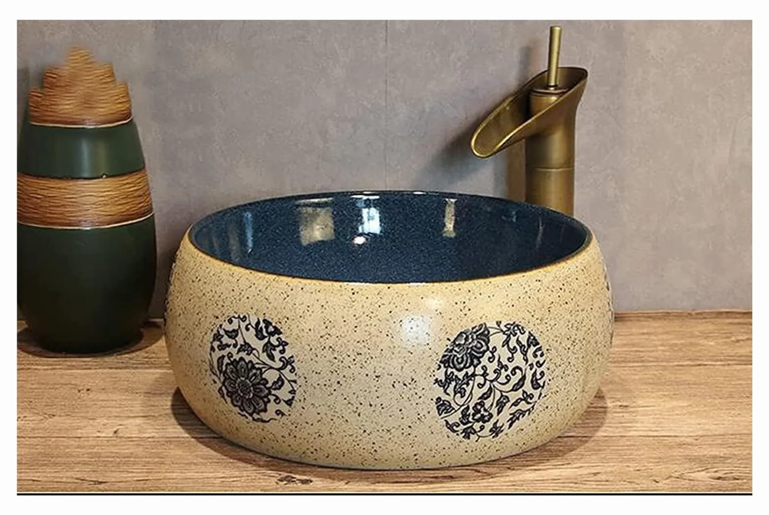 Ceramiczna Umywalka Łazienkowa Nablatowa, Okrągła Umywalka Nablatowa, Styl Retro, 41×15 Cm, Montaż Od Góry