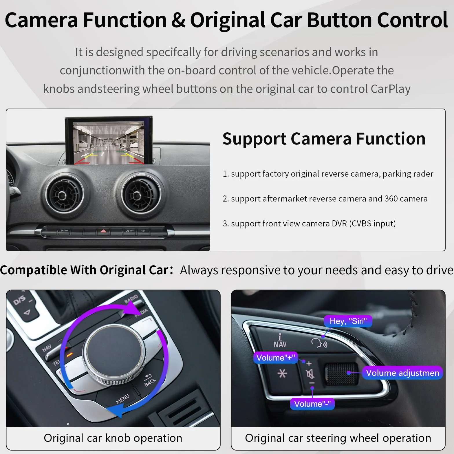 Road Top Bezprzewodowy Carplay Android Auto dla Audi A3 2013-2018 Rok, Dekoder zestawu modernizacyjnego Carplay, Obsługa Siri Mirror Link, Kamera wsteczna, Nawigacja