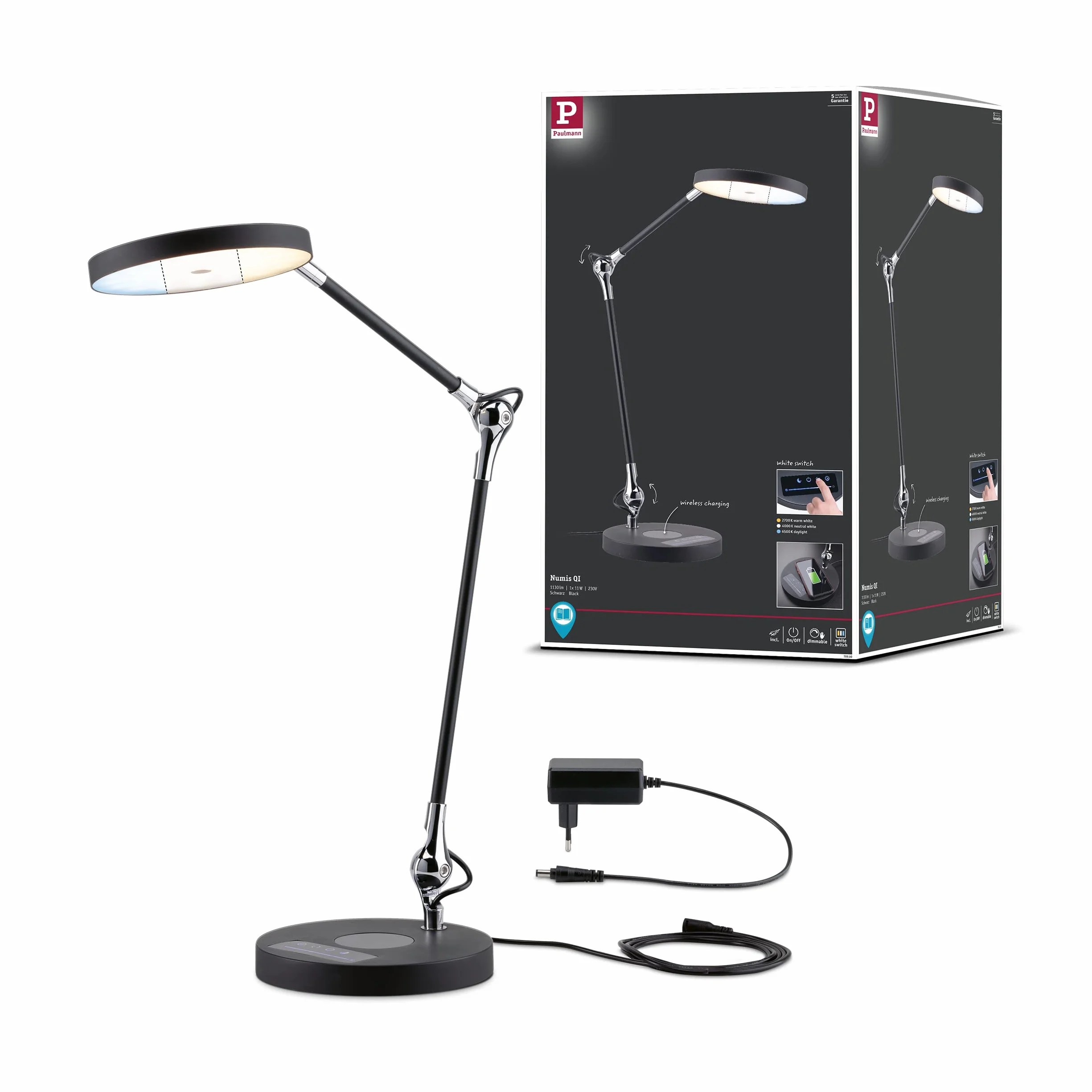 Paulmann 78910 LED oprawa na biurko Numis White Switch Qi funkcja ładowania w kompl. 1x11 W ściemniana czarna aluminium, tw. sztuczne 2700 - 6500 K