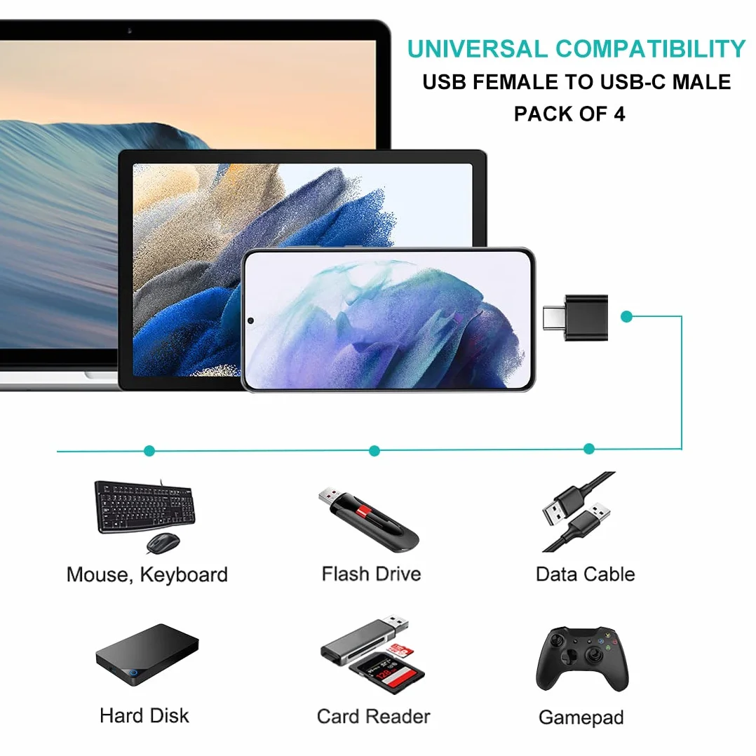 Adapter USB C na USB 3.0 OTG 4 Sztuki, Kompatybilny z MacBook iPhone 17/16/15 iPad Samsung Galaxy S25 S24 S23 A56 A36 A16, Czarny