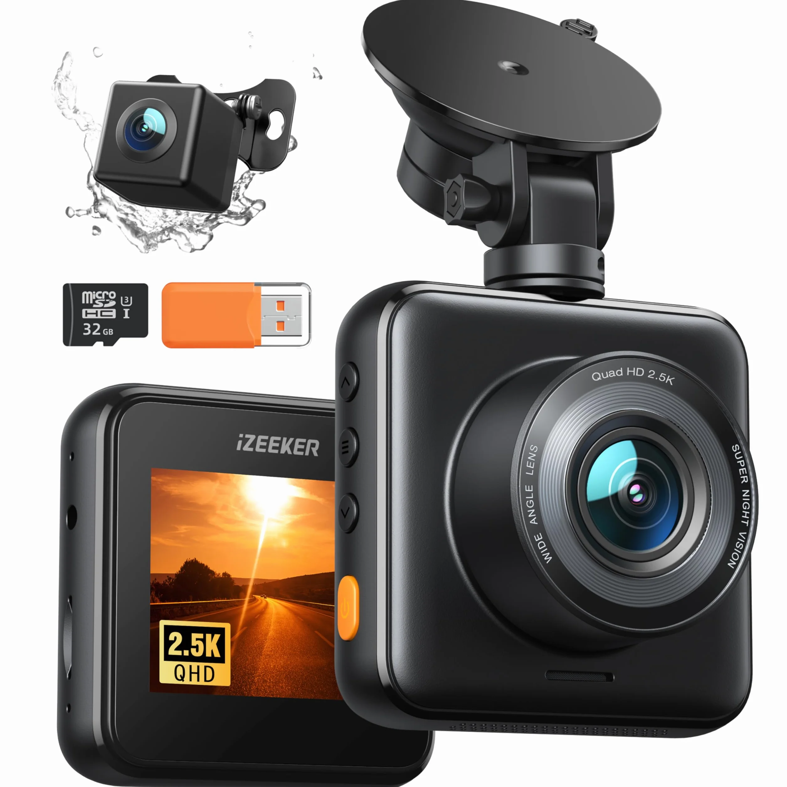 iZEEKER Dash Cam Front and Rear with SD Card 1080P Full HD Car Camera, Dual Dash Camera for Cars with Accident Recording, Parking Monitor, Night Vision, WDR