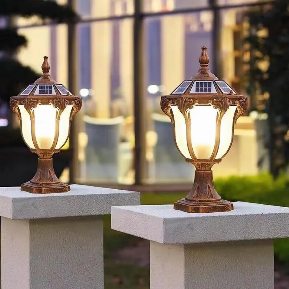 Solarne lampki słupkowe, wodoodporne lampy kolumnowe LED, do ogrodu, rustykalne brązowe oświetlenie słupkowe, IP65, do krajobrazu i podwórka