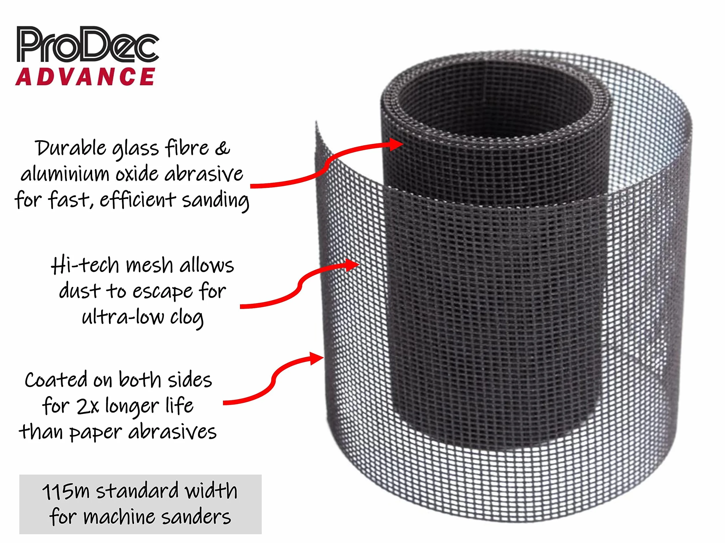 ProDec Advance 5m Roll 120 Grit Sanding Mesh Roll do szlifowania bez zapychania, dwustronny materiał ścierny z włókna szklanego i tlenku aluminium wielokrotnego użytku o 2-krotnej żywotności do drewna