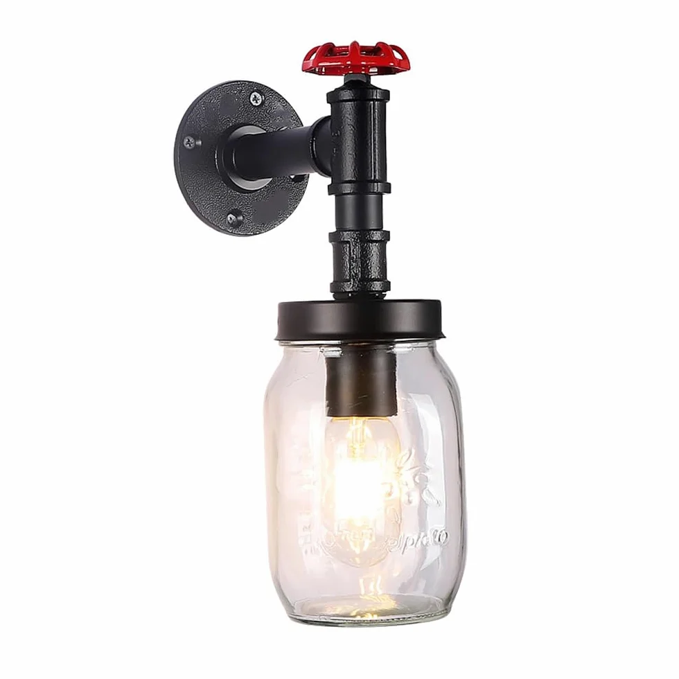 Szklana lampa ścienna Vintage Industrial Water Pipe Wall Lamp E27 Wewnątrz Czarna, dekoracyjna lampa w stylu retro Water Pipe z metalu do sypialni, salonu, stolika nocnego, schodów, korytarza, oświetl