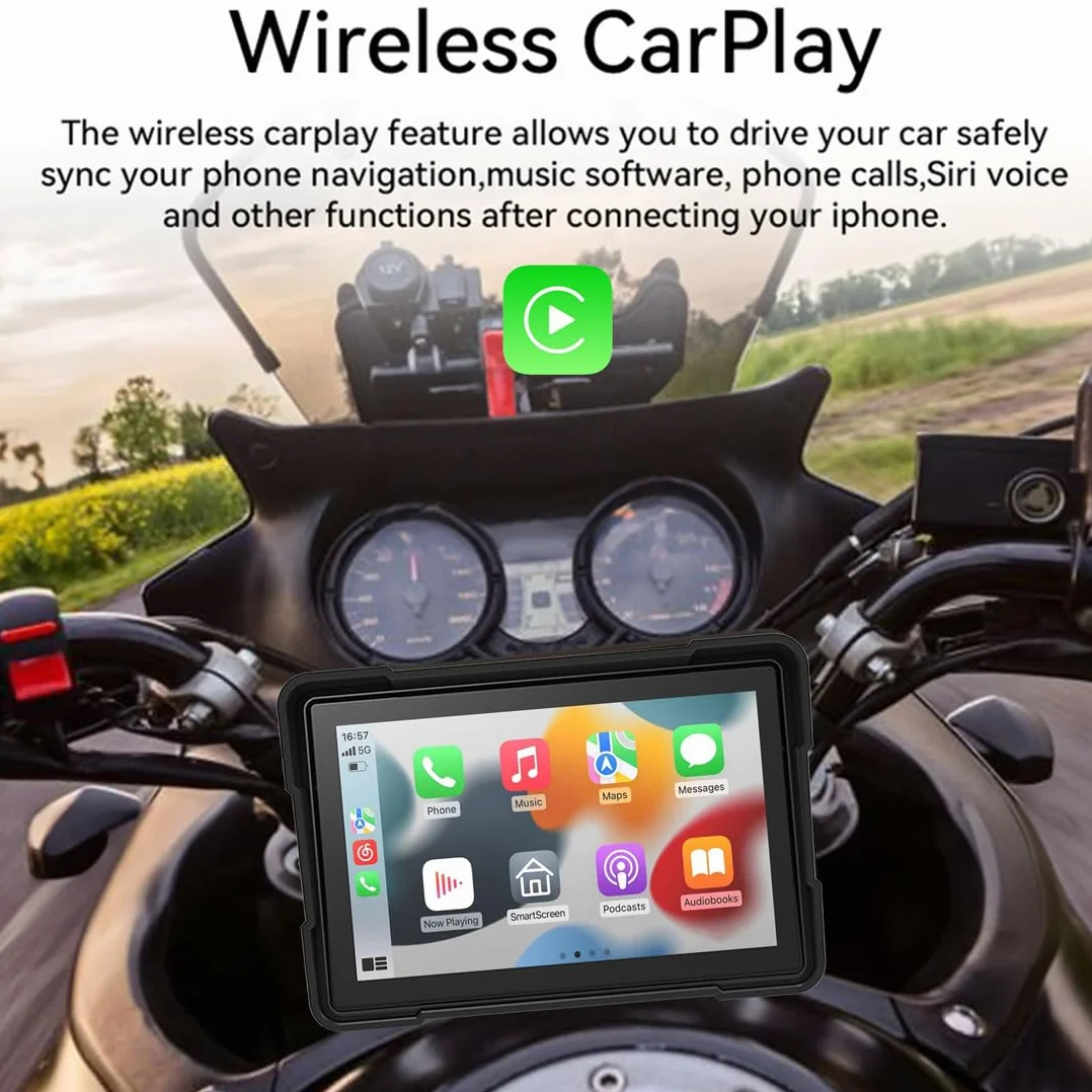 5-calowy przenośny ekran dotykowy do motocykla, bezprzewodowy ekran dotykowy CarPlay i Android Auto Dual Bluetooth, wodoodporność IP66, obsługa Siri i G-oogle Assistant