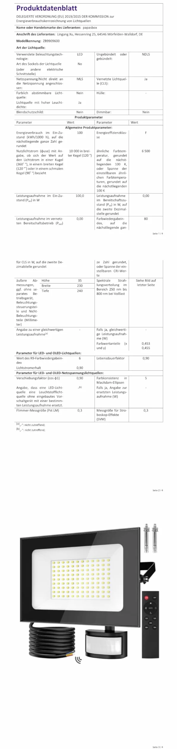 papasbox Reflektor LED 100 W z czujnikiem ruchu | zewnętrzny reflektor zewnętrzny z pilotem zdalnego sterowania | 6500 K zimna biel IP66 wodoszczelny reflektor do ogrodu, garażu, na boisko sportowe