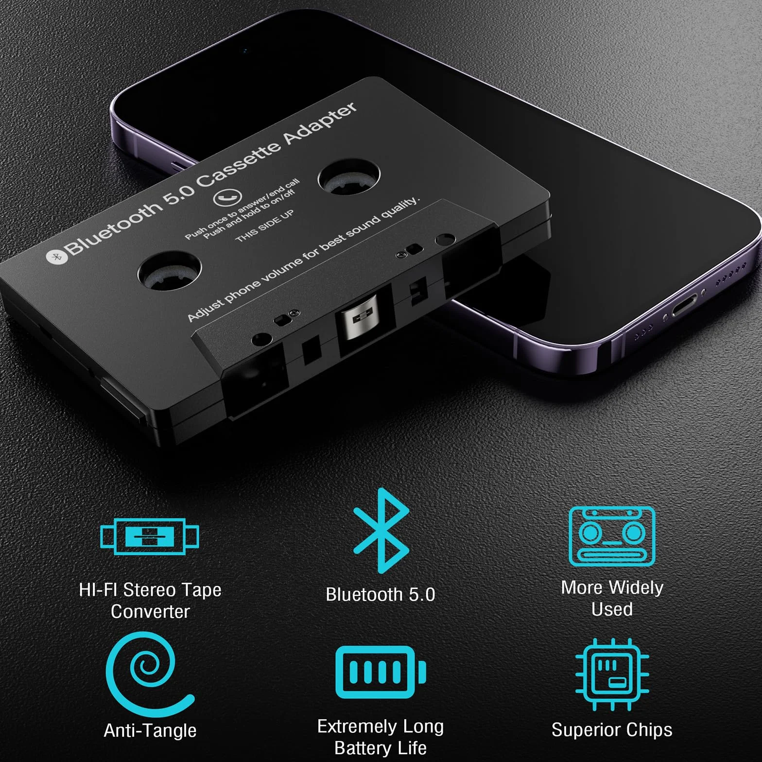 Adapter kasetowy aux samochodowy Bluetooth 5.0 audio z kasety na AUX z mikrofonem/przyciskiem sterowania zdalnego