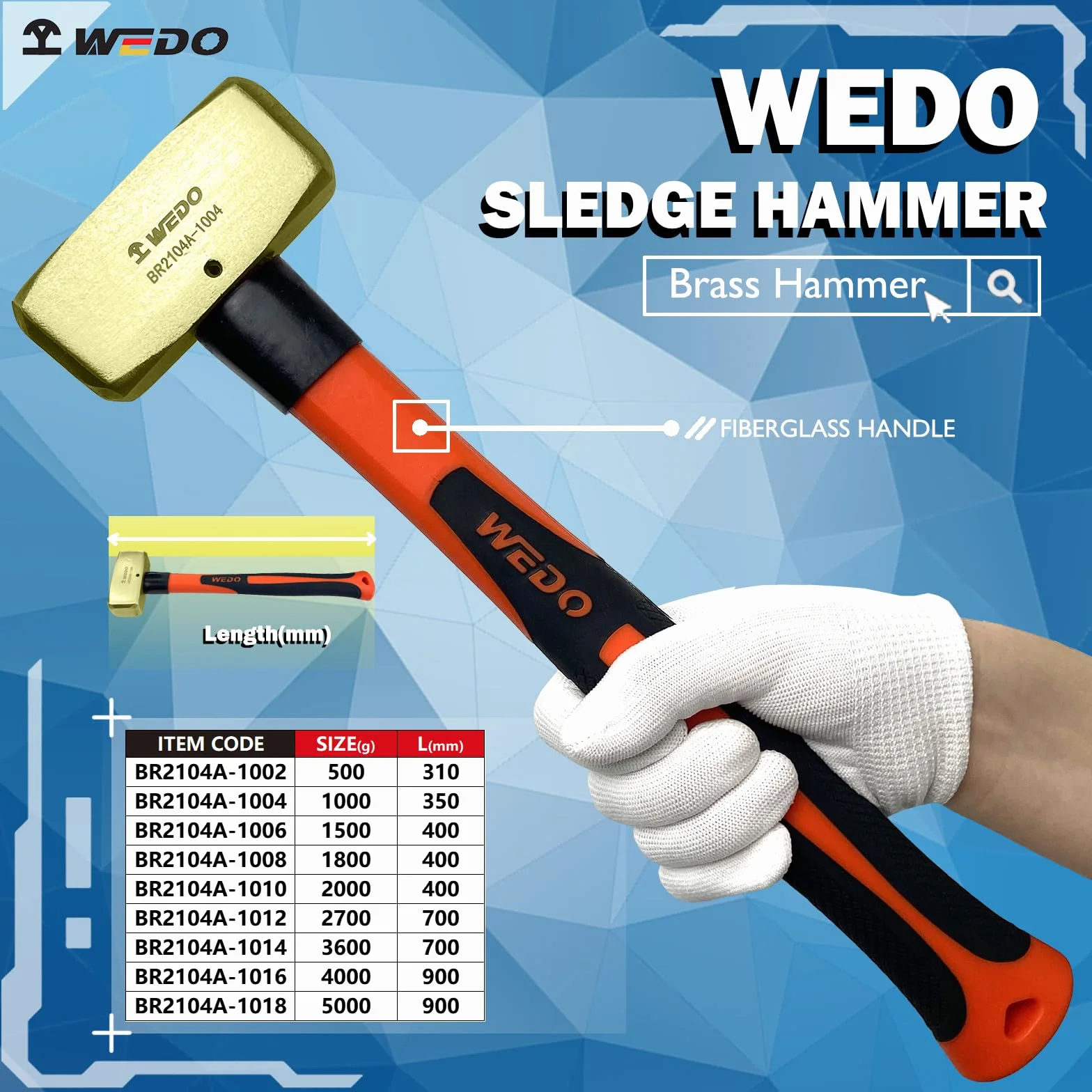 WEDO Mosiężny młotek kowalski z uchwytem z włókna szklanego (typ niemiecki), 2000 g, 400 mm, 40 mm