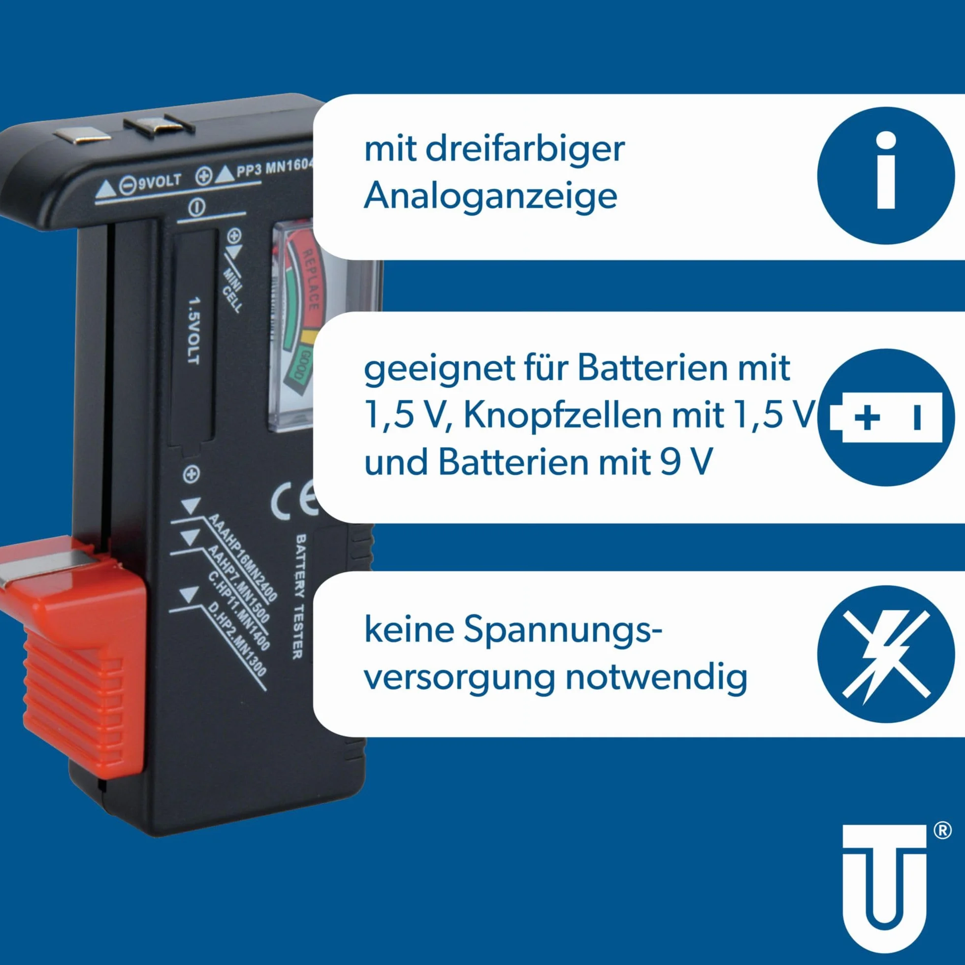 UNITEC 46021 uniwersalny tester baterii 1,5 V/9 V, czarny