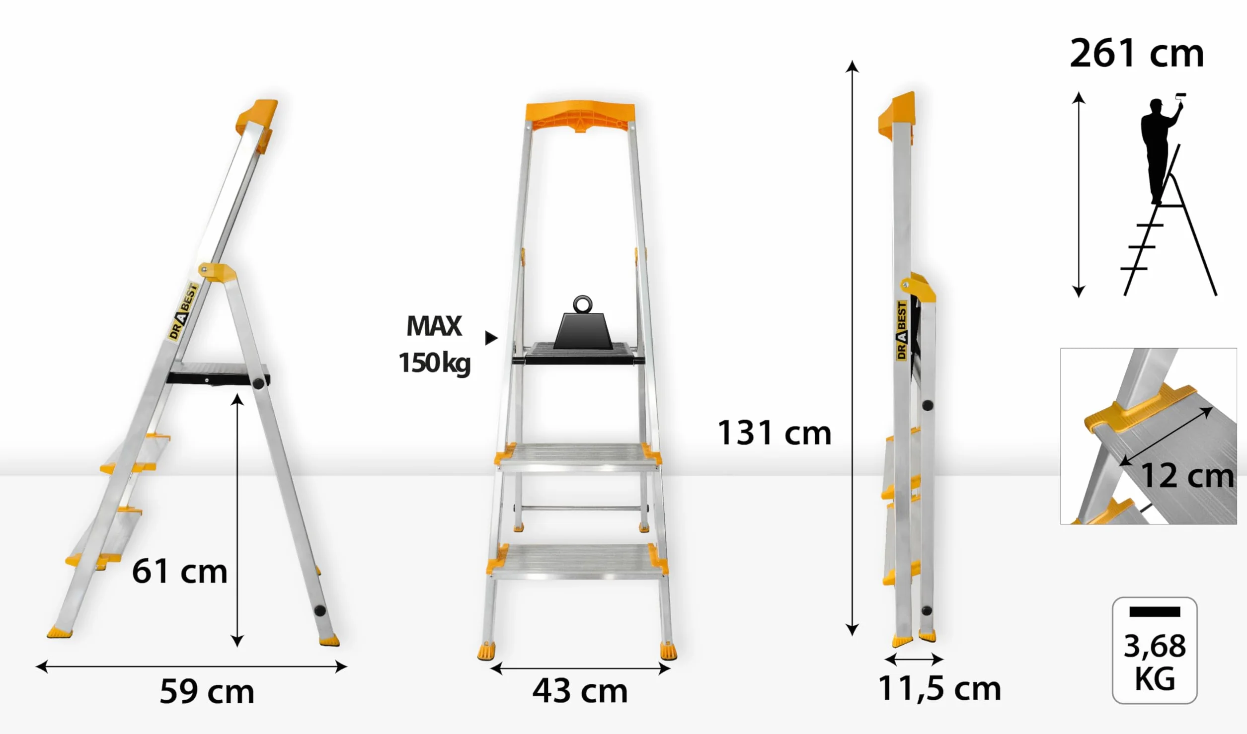DRABEST 3-stopniowa Drabina składana, Stabilna Drabina aluminiowa - antypoślizgowa z półką i szerokimi stopniami 120 mm, do domu i pracy - obciążenie maksymalne do 150 kg