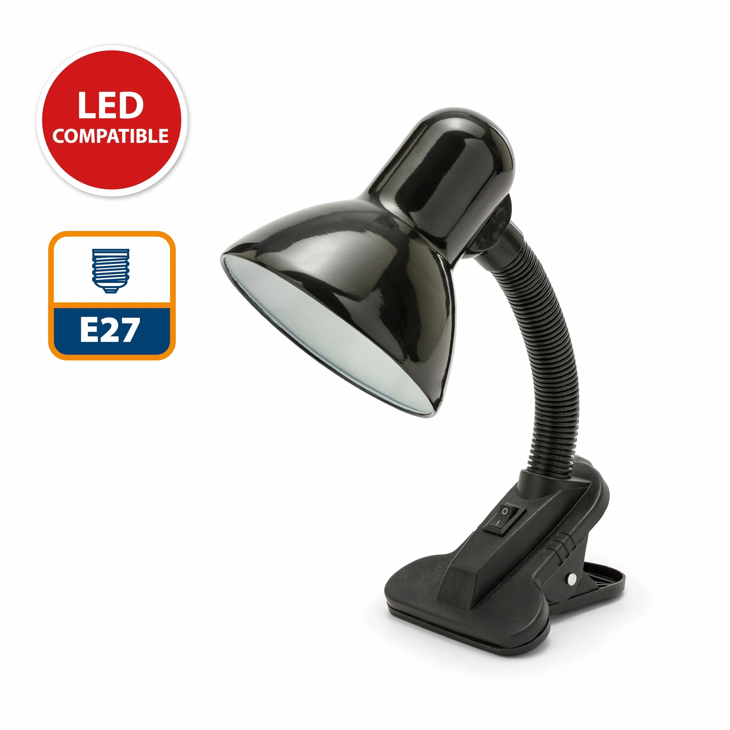 Velamp Lampa z klipsem, E27, kompatybilna z LED, elastyczne ramię, z kablem i przełącznikiem, do pokoju dziecięcego, biurka, metalu, 6 W, czarna