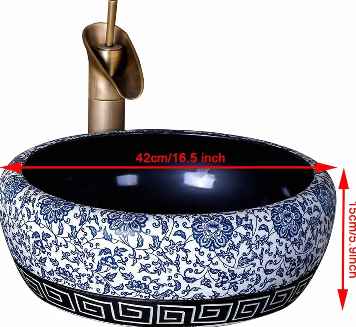 Ceramiczna Umywalka Łazienkowa, Umywalka Ceramiczna, Umywalka Nablatowa, Tradycyjna Umywalka Nablatowa W Kolorze Niebiesko-Białym, Okrągła, 16,5'' X 16,5'',Singlepot