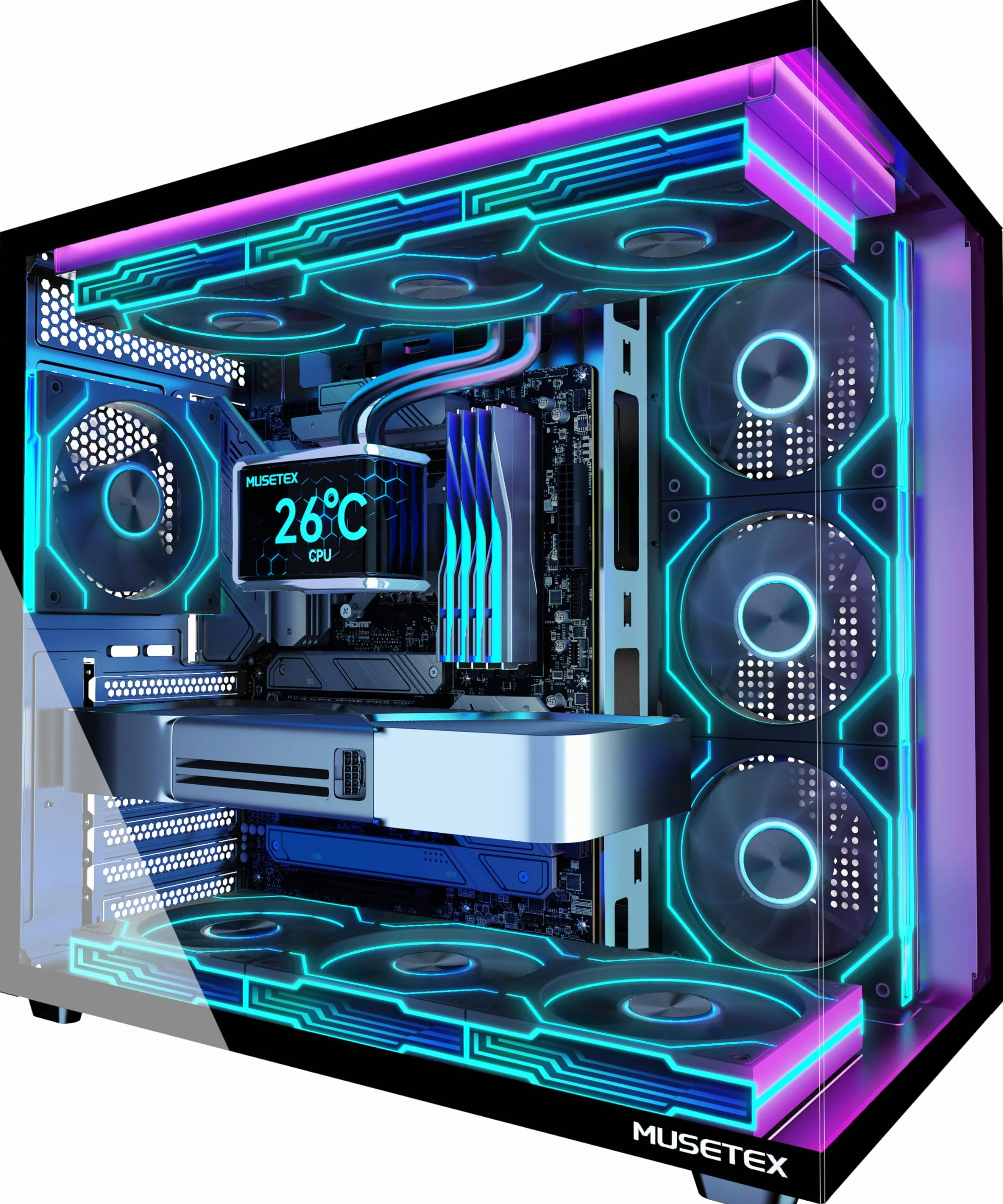 MUSETEX Y6 Obudowa PC z preinstalacją 7 wentylatorów Infinity Mirror PWM ARGB, obudowa komputerowa ATX Mid Tower, obudowa do gier z Type-C, 270° pełny widok ze szkła hartowanego, Czarny