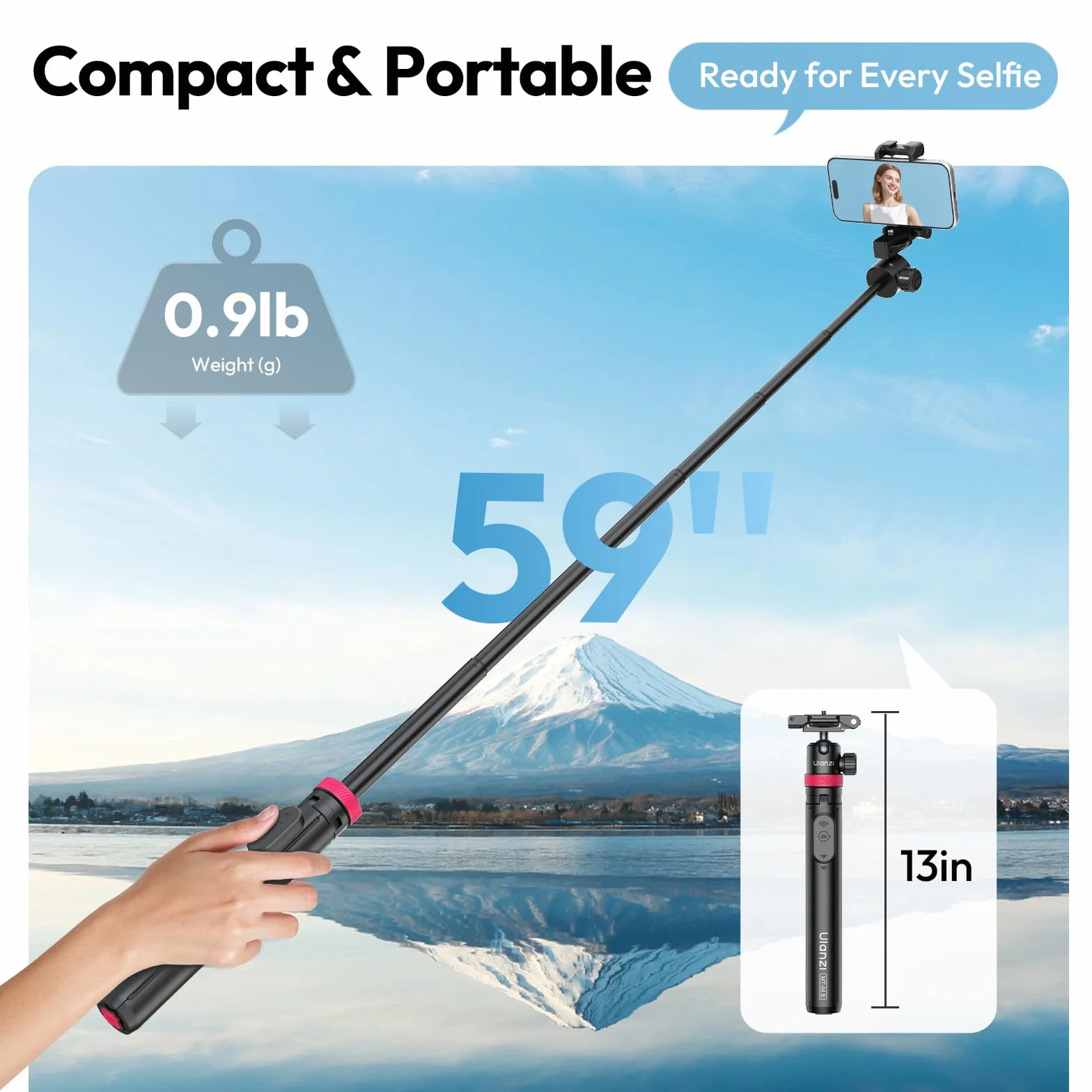 ULANZI MT-44 B [2026 ULEPSZONY] Automatycznie Otwierany Statyw Telefonu 59'', Stanie na Czterech Nogach, Kulowa 360°, Gwint 1/4", Kijek Selfie Bluetooth do lustrzanek Cyfrowych, iPhone'a, Samsunga