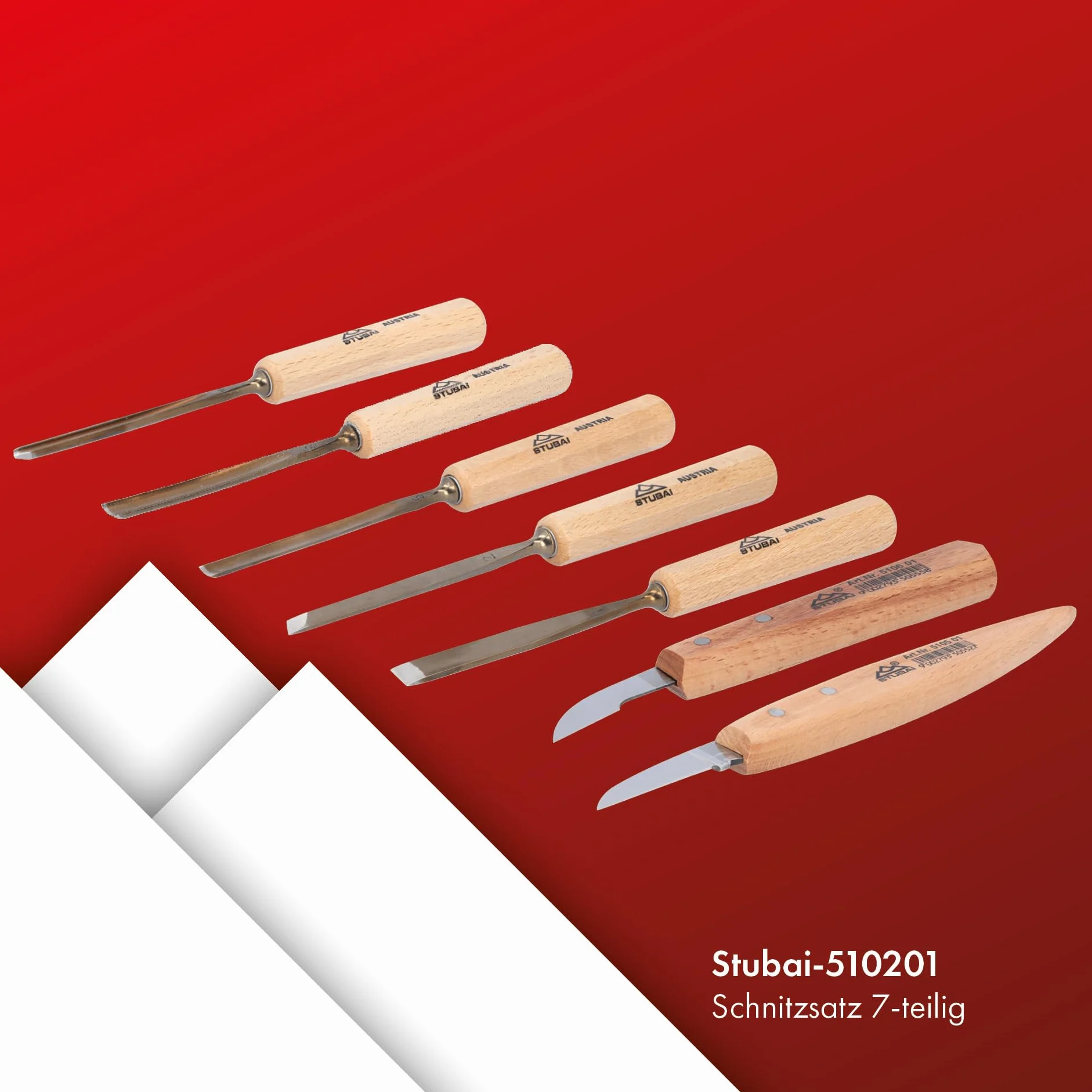 Stubai Zestaw dłut dłutowych serii 52 7-częściowy – dłuto kulkowe 5 mm i 10 mm + żłobienia 4 mm, 6 mm i 10 mm + 2 noże do rzeźbienia