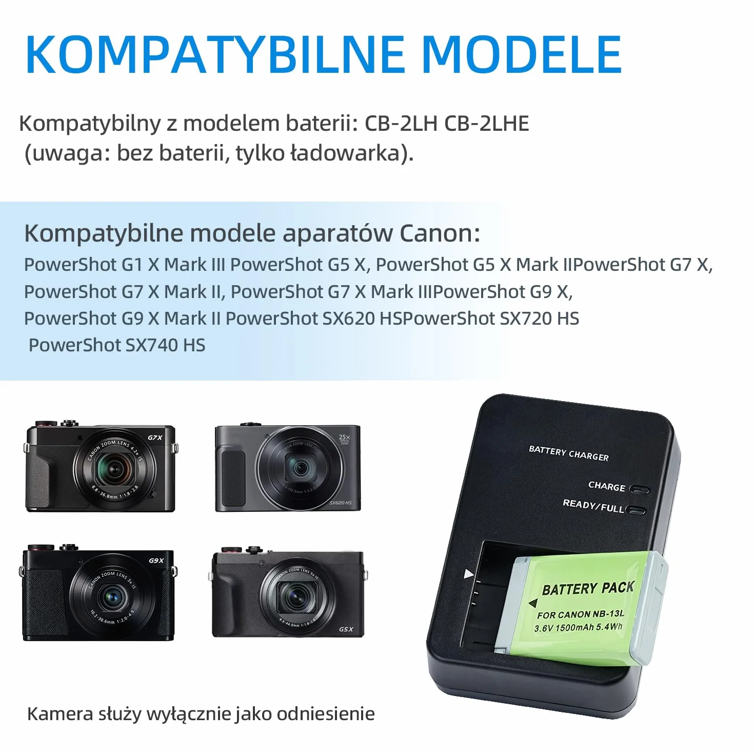 CB-2LH NB-13L Ładowarka kompatybilna z aparatem cyfrowym Canon PowerShot G7 X Mark II, G5 X, G7 X, G9 X, G9 X Mark II, SX620 HS, SX720 HS, SX730 HS