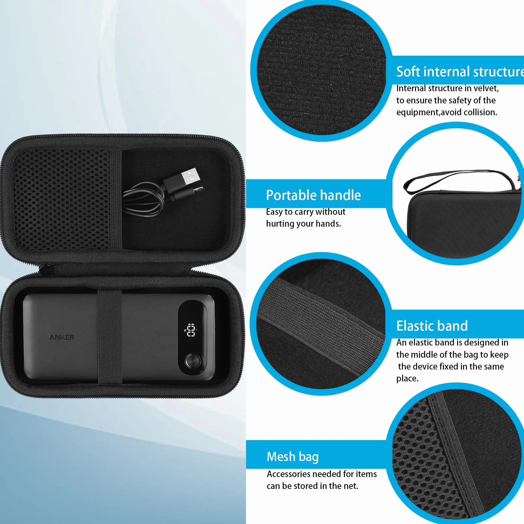 Khanka (tylko etui) twarda torba do przenoszenia Anker Power Bank 20 000 mAh przenośna ładowarka z wbudowanym kablem USB-C, podróżna torba do przechowywania na maks. 87 W akumulator do szybkiego