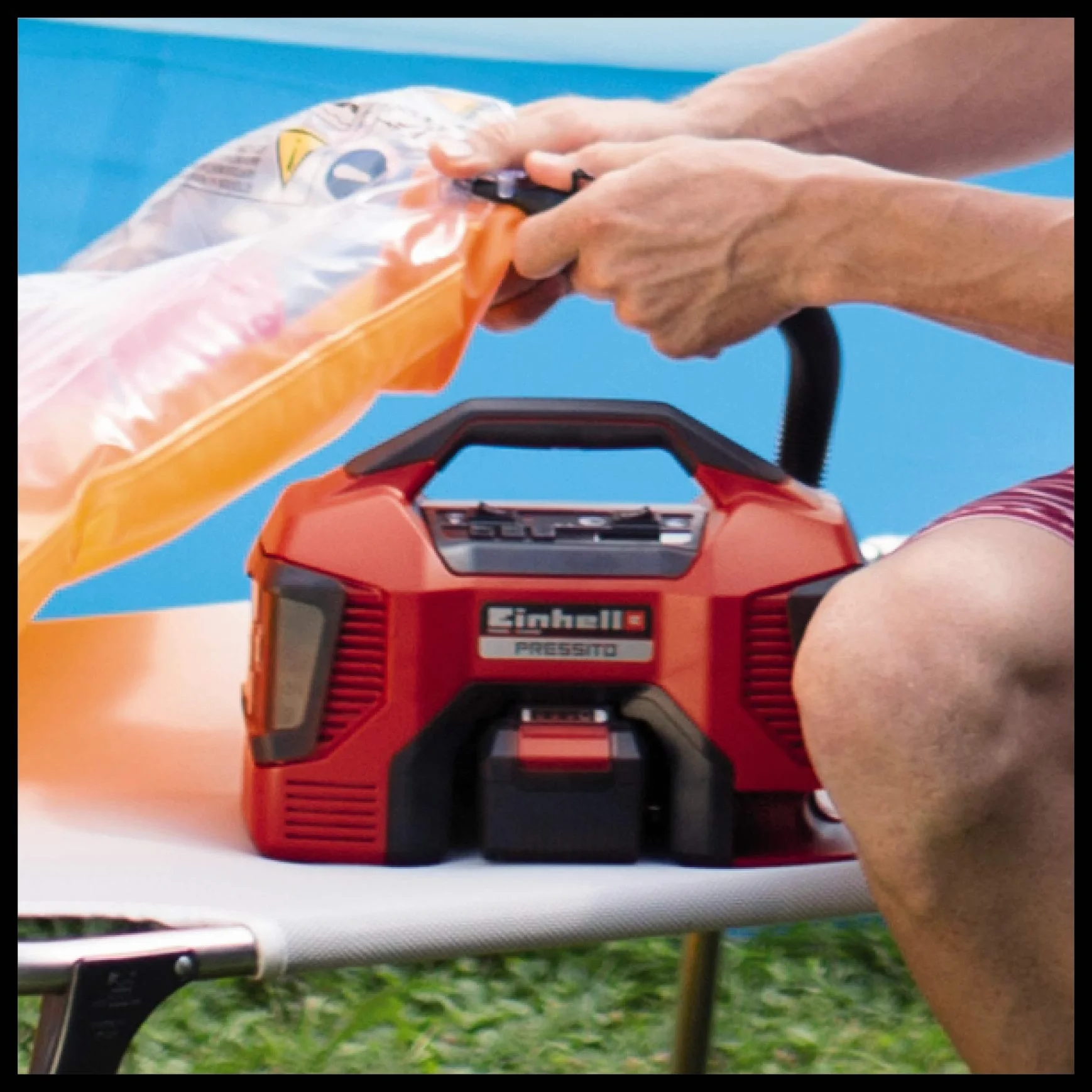 Einhell Kompresor akumulatorowy PRESSITO Power X-Change (Li-ion, 18/230 V, maks. 11 bar, długość węża 71 cm, funkcja hybrydowa, w tym 3-częściowy zestaw adapterów, bez akumulatora i ładowarki)