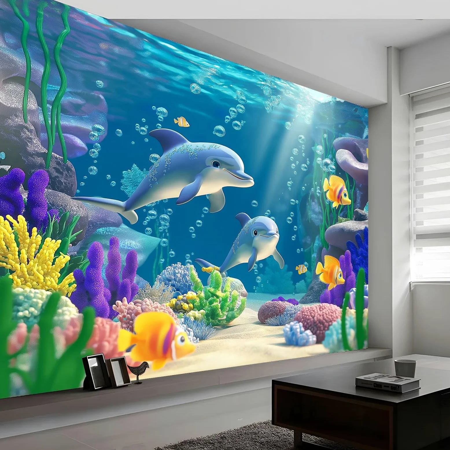 Fototapeta z włókniny, efekt 3D, 400 x 280 cm, film kreskówkowy, delfiny, rafy koralowe, obraz ścienny, krajobraz, tapeta na fizelinie, druk HD, nowoczesna tapeta ścienna, dekoracja ścienna, do salonu