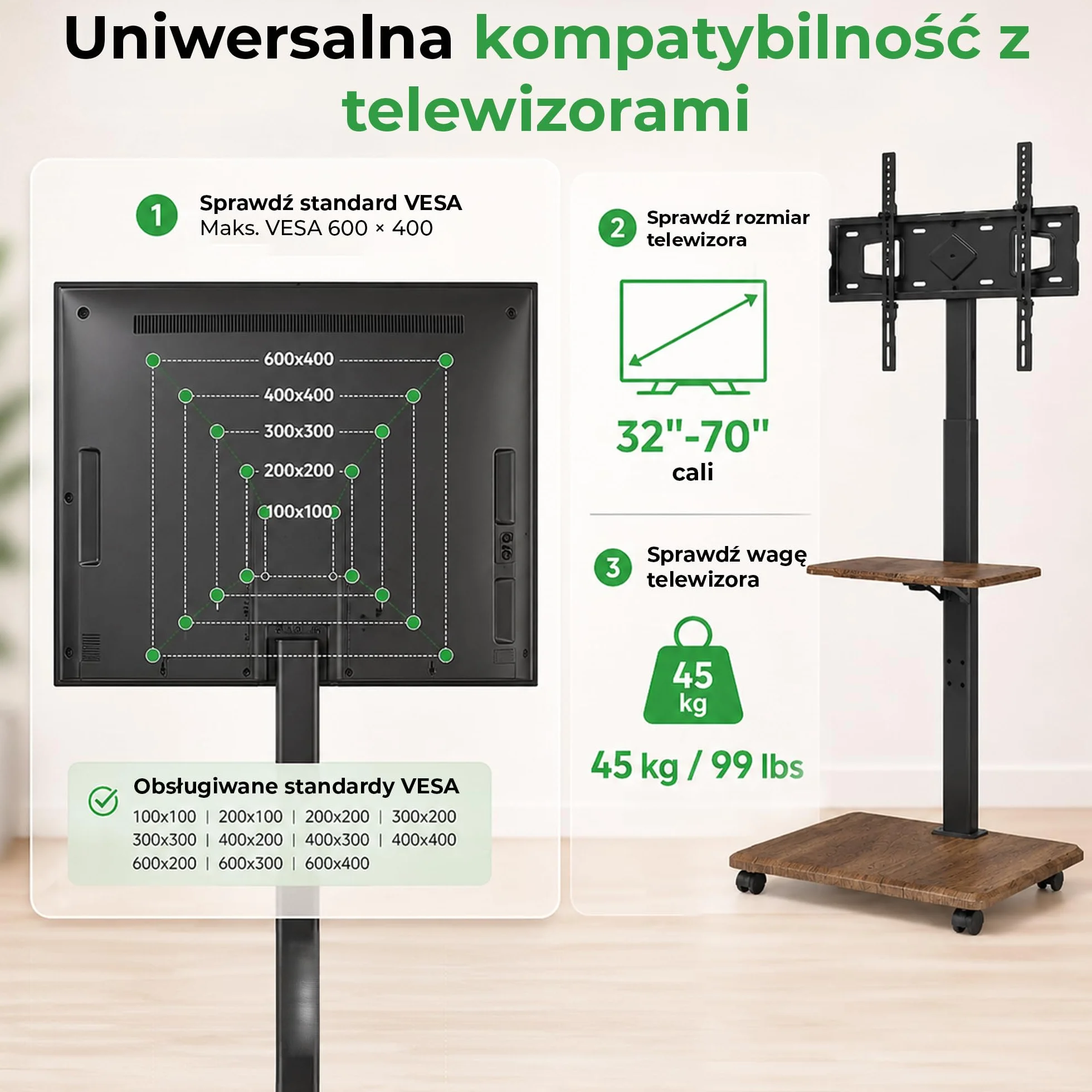 Delphos Mobilny stojak pod telewizor 32-70" do 45 kg VESA 600 x 400
