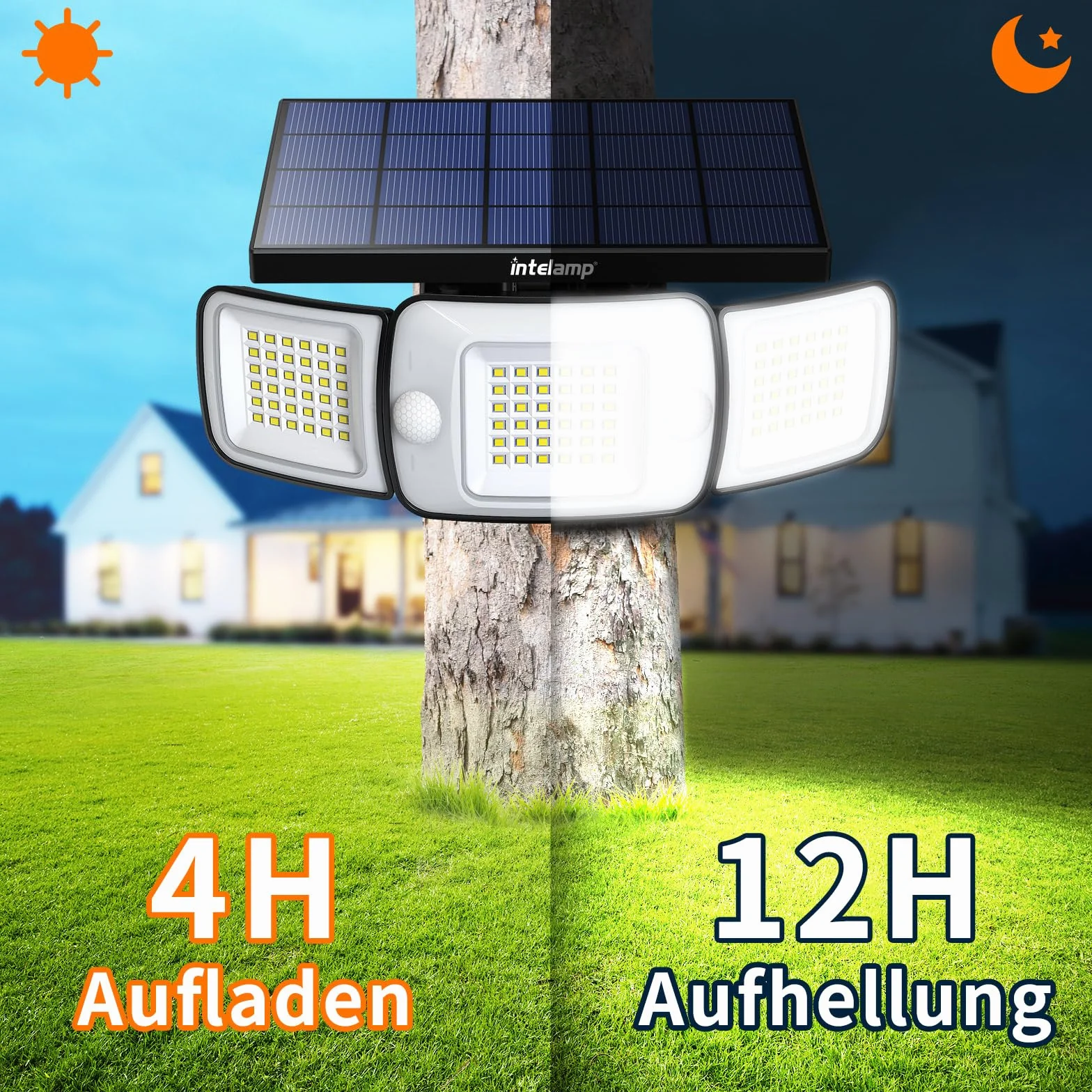 INTELAMP Zewnętrzne lampy solarne z czujnikiem ruchu i pilotem zdalnego sterowania, 6000 mAh, 1200 lumenów, oświetlenie 270°, 4 tryby, lampa ścienna do użytku na zewnątrz