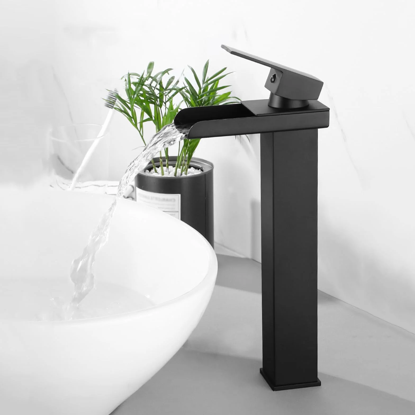 Wysoki łuk czarny bateria łazienkowa szeroka wylewka kaskadowa bateria wysoka G1 2 baterie umywalkowe stylowe wykończenie nowoczesny design dla eleganckiej umywalki