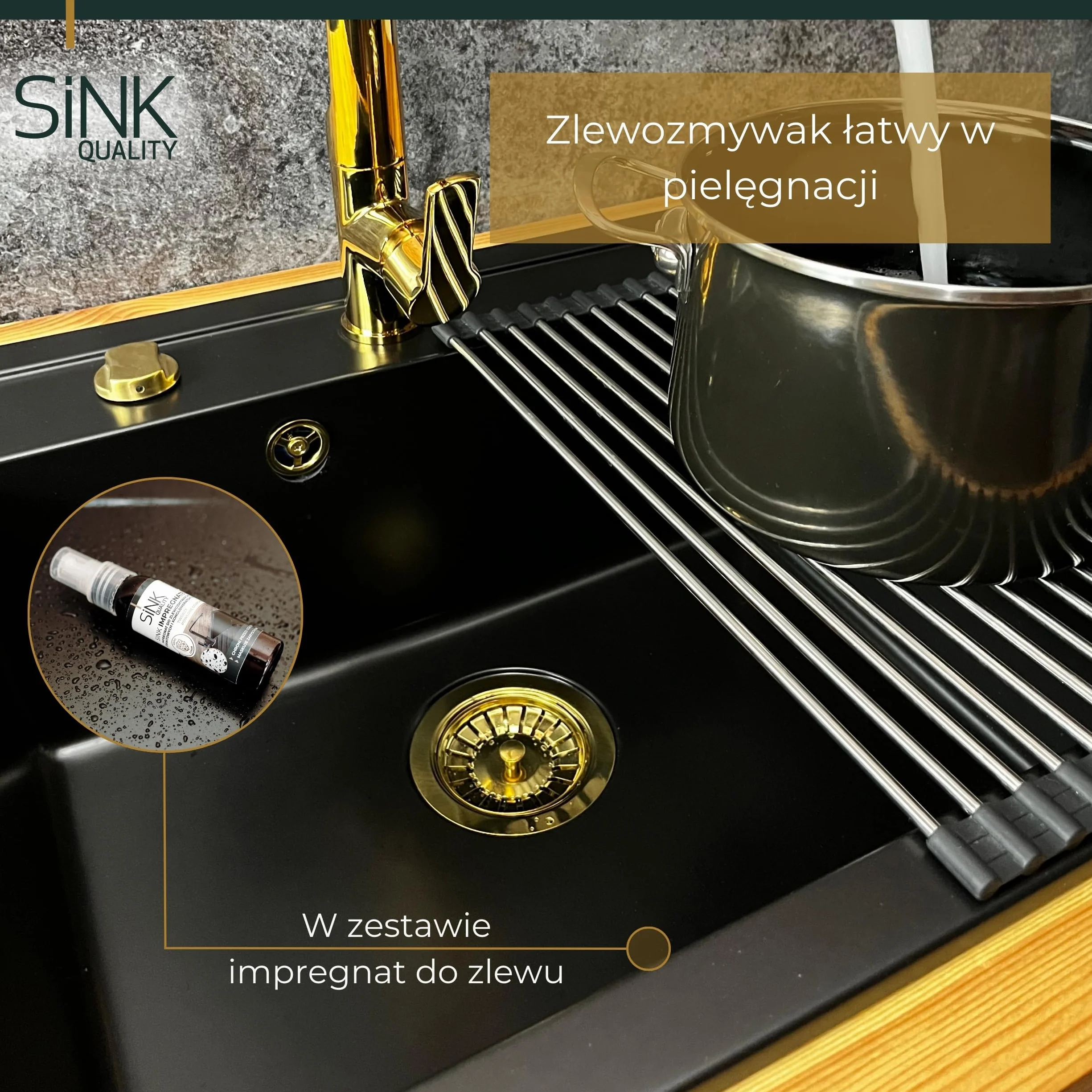SINK QUALITY zlewozmywak granitowy czarny 56 x 51 cm - w zestawie syfon automatyczny i Impregnate - Umywalka do kuchni - zlewozmywak do szafki pod umywalkę 60 cm zlew granitowy do kuchni