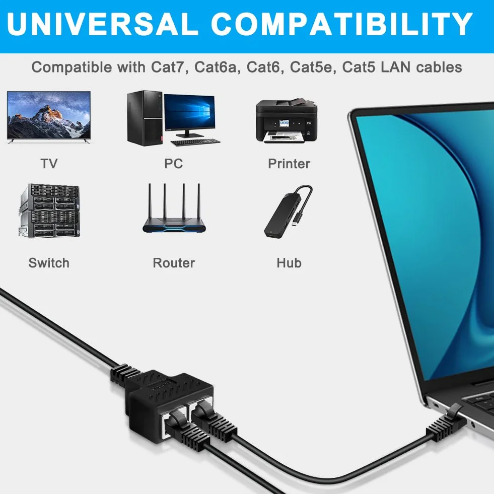 AXFEE rozdzielacz LAN RJ45 1 na 2 adapter Ethernet Cat5 Cat5e Cat6 Cat7 Cat8