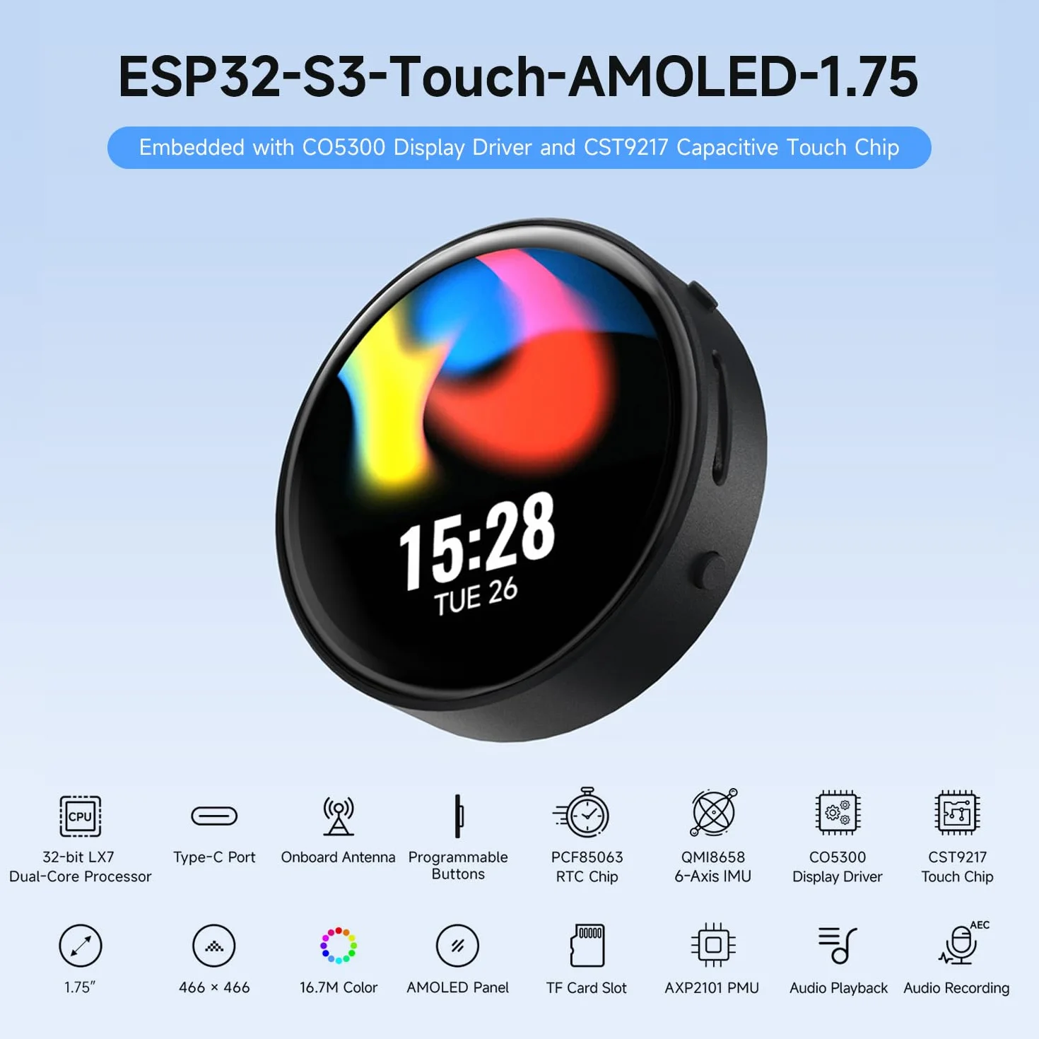 Waveshare ESP32-S3 1.75inch AMOLED Round Touch Display Development Board GPS Version 32-Bit LX7 2-Core 466x466