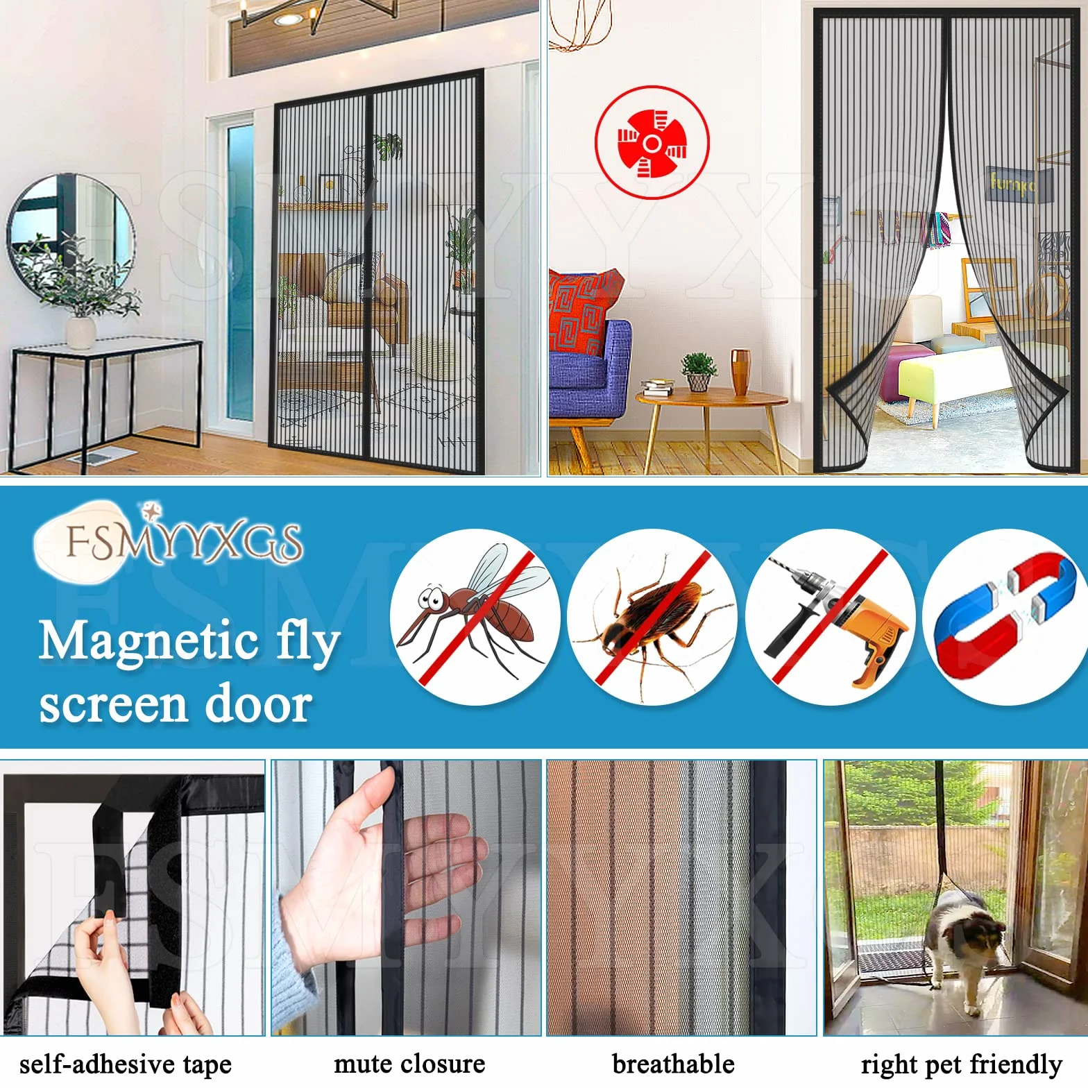 Magnetyczna moskitiera na drzwi, z magnesami, ochrona przed owadami, uszczelka do drzwi, wytrzymała, moskitiera, łatwy montaż do wszystkich drzwi, czarna A|| 175 x 225 cm