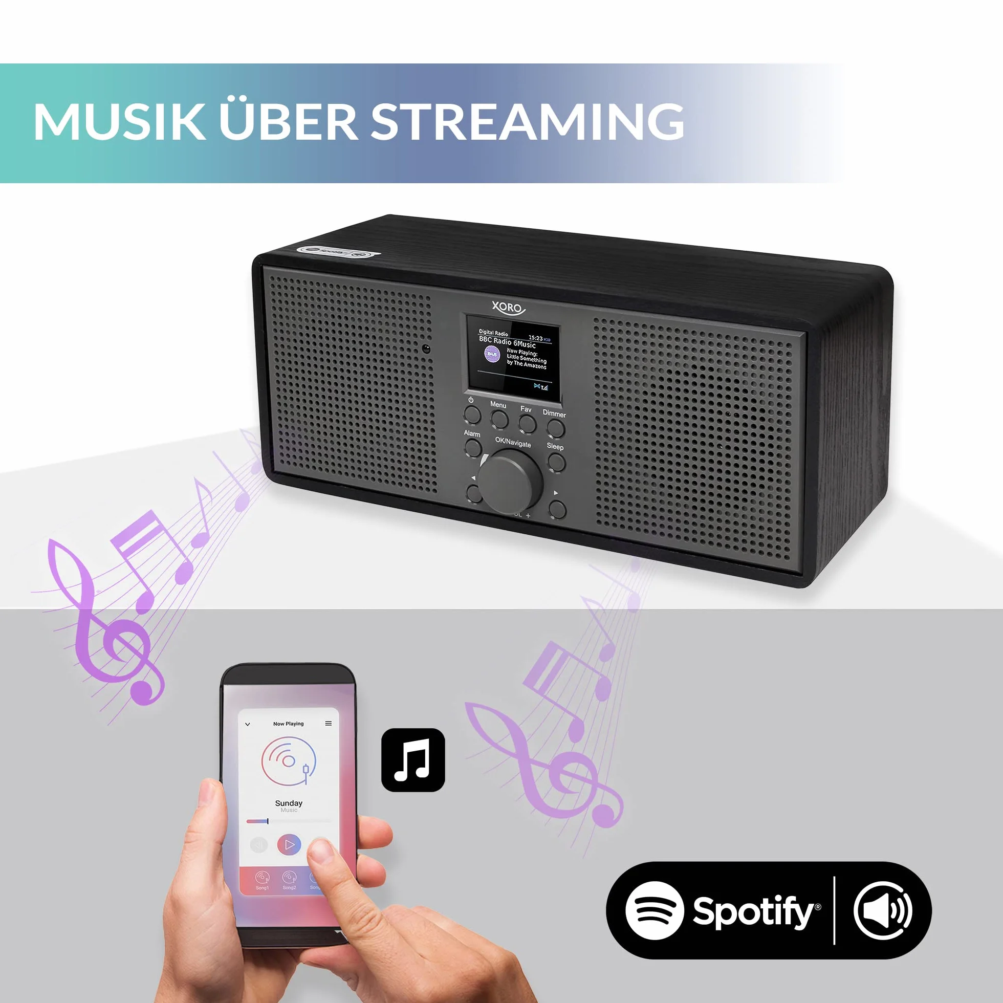XORO DAB 700 IR radio internetowe WLAN UKF DAB+ Spotify Connect Bluetooth USB Mediaplayer głośnik stereo 2x10W budzik kolorowy wyświetlacz