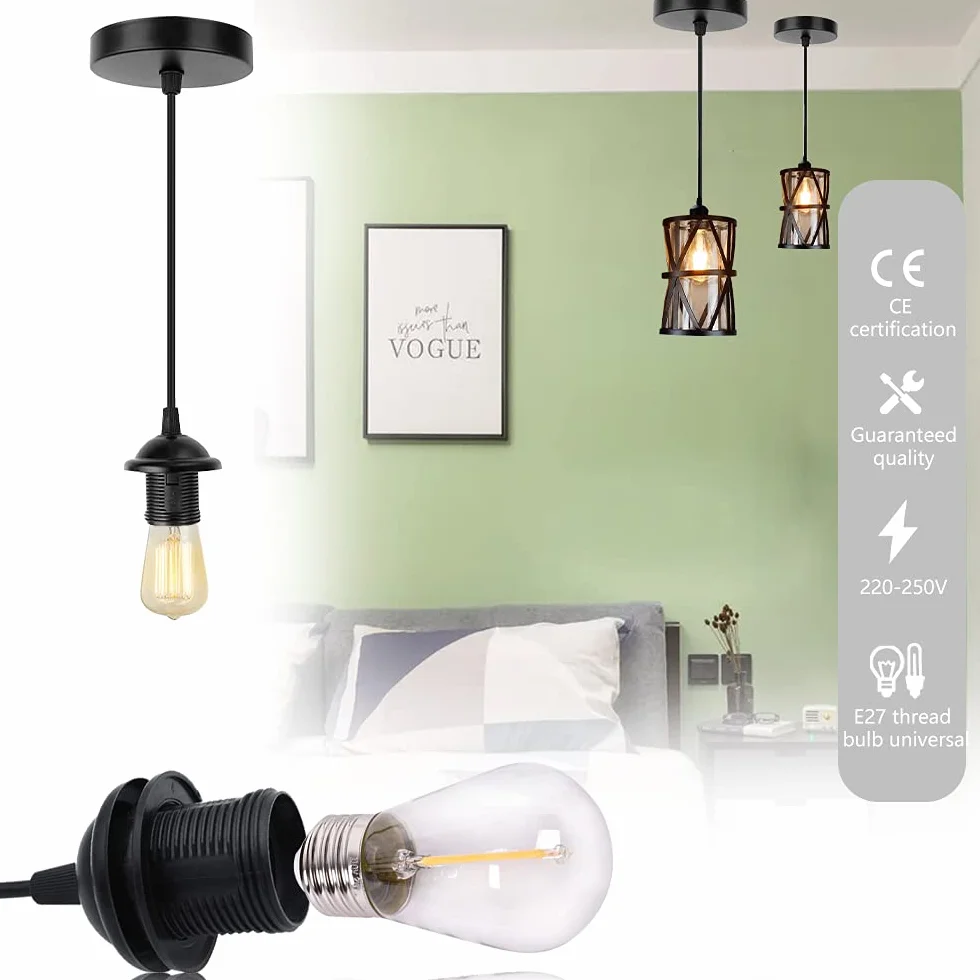 2 sztuki E27 Lampa wisząca z kablem 100 cm i uchwytem lampy do baru, kawiarni, sklepu, hotelu (czarna)