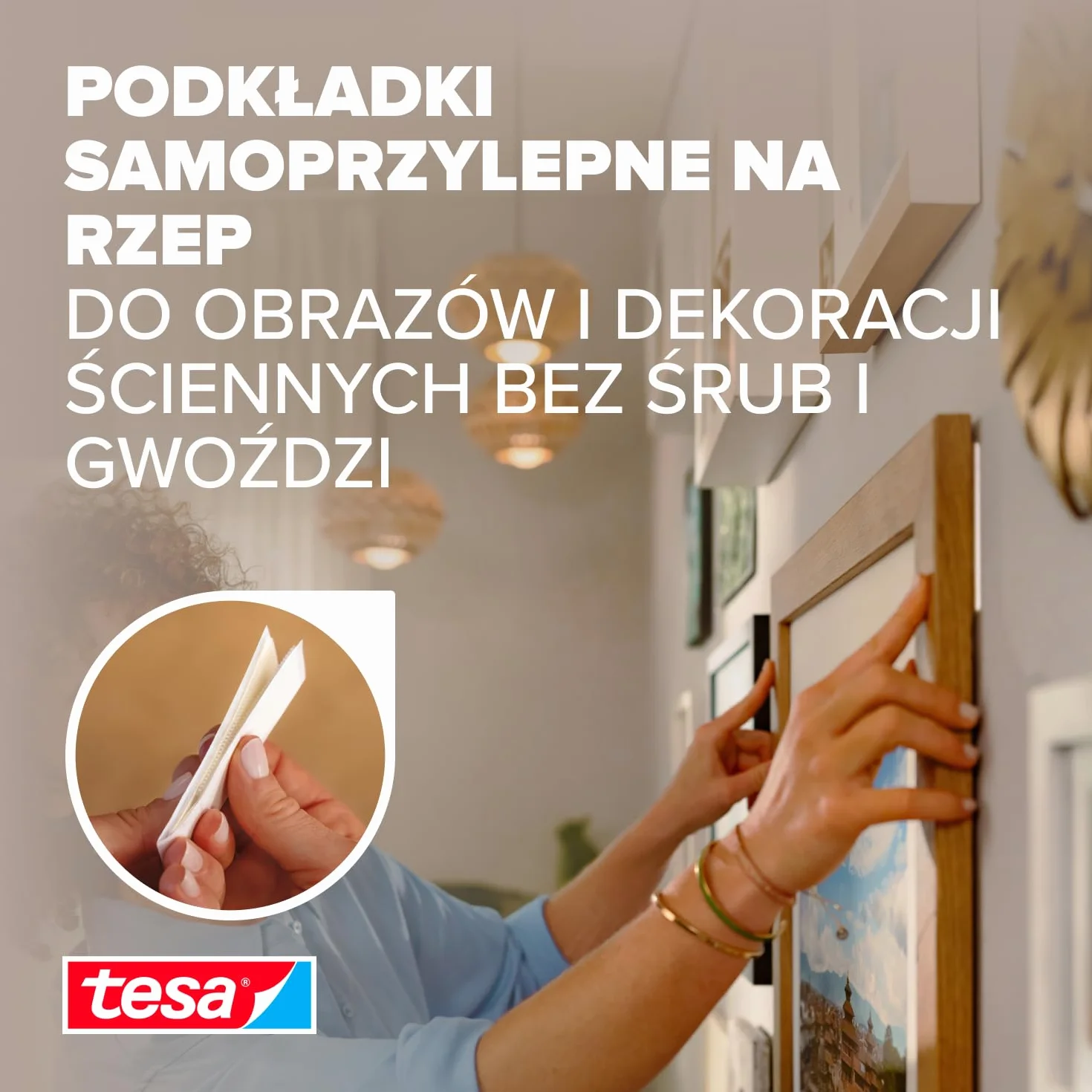 tesa Powerstrips CLICK – podkładki samoprzylepne na rzepy do przypinania i zamykania ramek na zdjęcia i dekoracji ściennych bez wiercenia – samoprzylepne paski na rzepy z systemem zatrzaskowym ON i