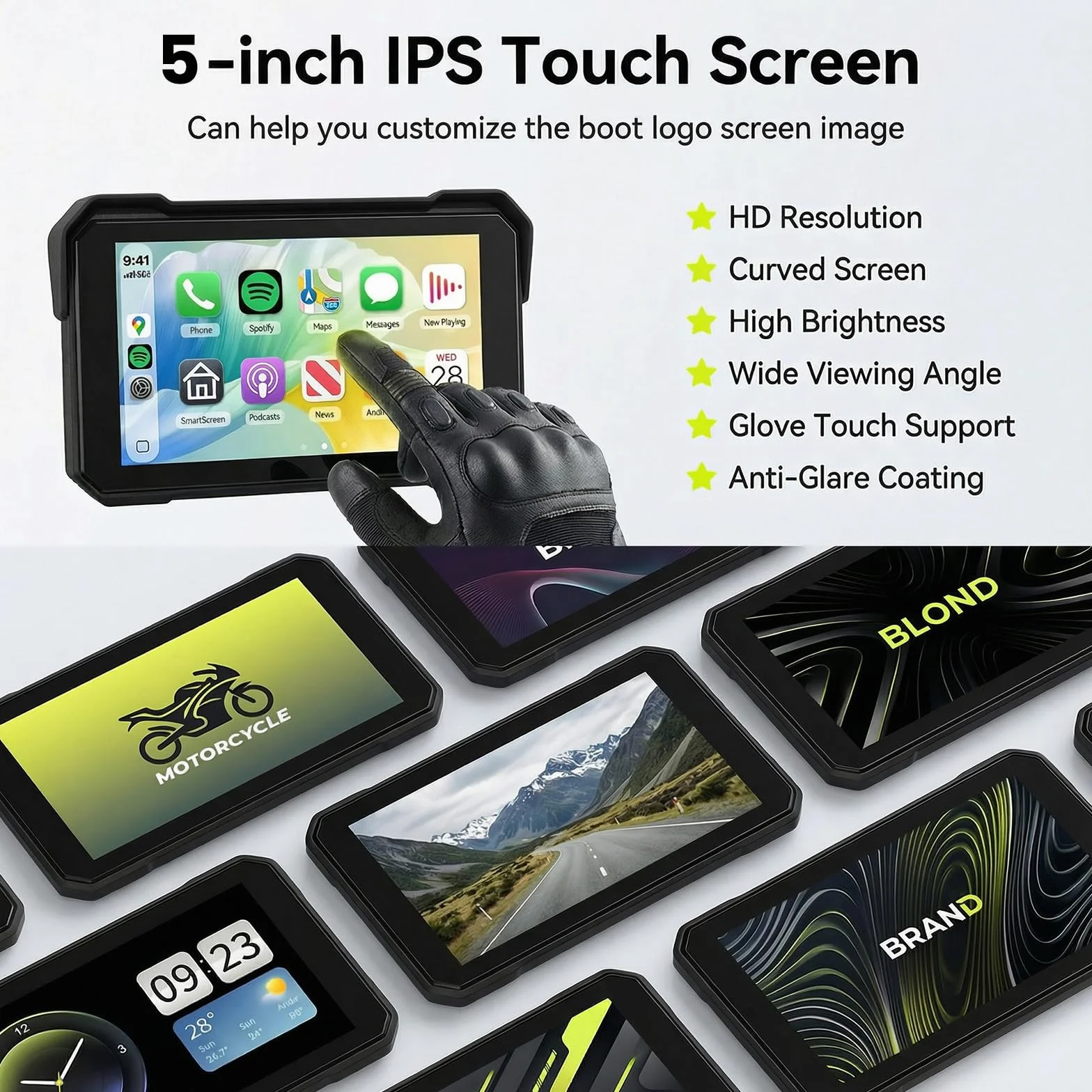 Rimoody Moto Carplay, bezprzewodowe radio samochodowe z systemem Android, z ekranem dotykowym o przekątnej 5", wodoszczelność IP68, z funkcją rozpoznawania ciśnienia w oponach, karta pamięci 12 V