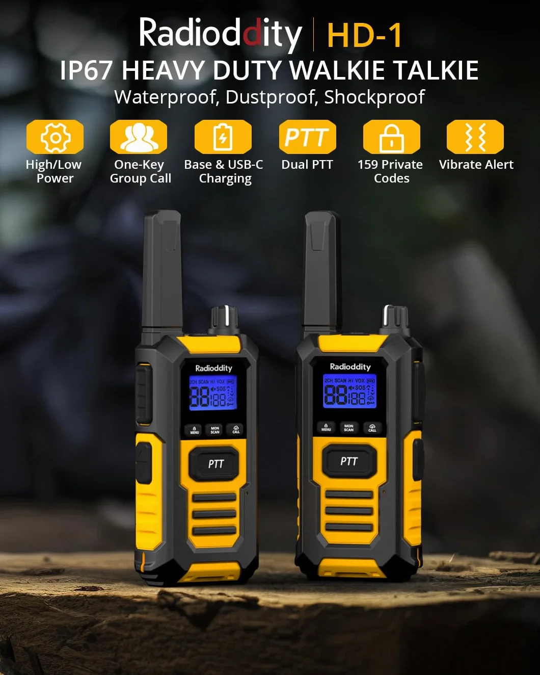 Radioddity HD-1 krótkofalówka IP67 wodoodporna PMR 2 sztuki żółty