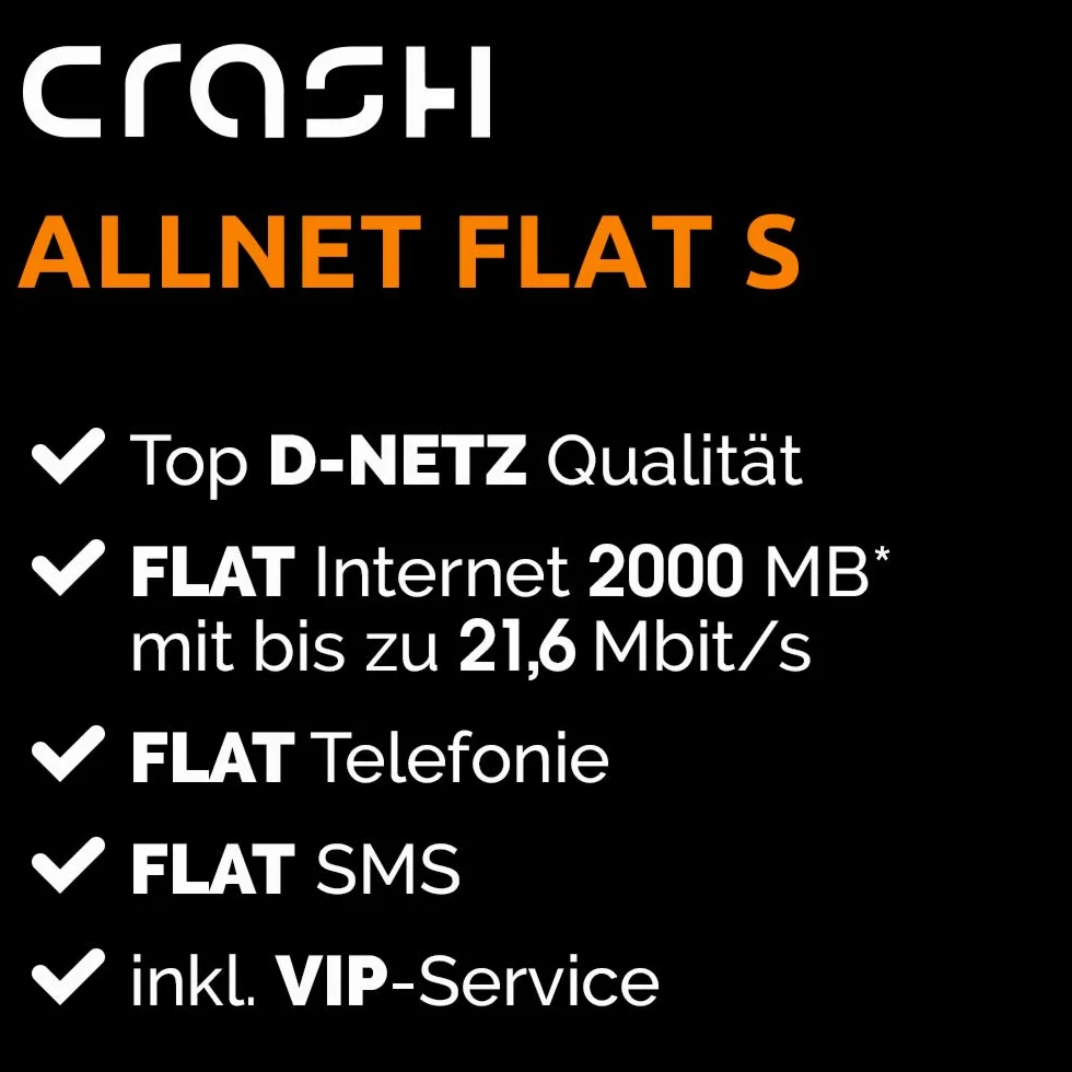 Crash Allnet Flat S 2 GB Internet 21,6 Mbit/s rozmowy SMS niemieckie sieci 24 miesiące 9,99 EUR