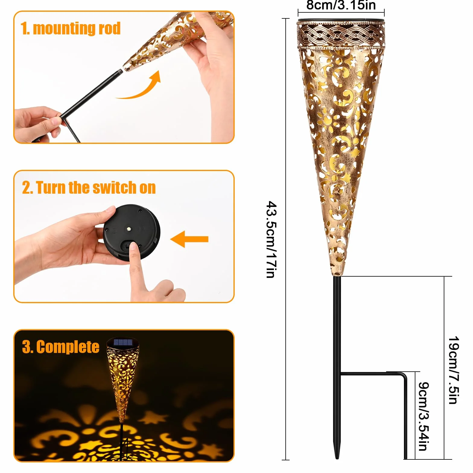 Zewnętrzne lampy słoneczne, GuKKK 4 sztuki Vintage Metalowe lampy słoneczne, 800 mAh Solar Light z wysuwanym stojakiem Wodoodporne IP65, Solarne oświetlenie ogrodowe LED Ciepłe białe z dekor
