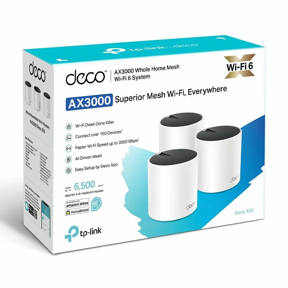 TP-Link Deco X55 AX3000 Mesh Wi-Fi 6 System, 3 sztuki, trzy porty gigabitowe, zasięg do 6500 stóp