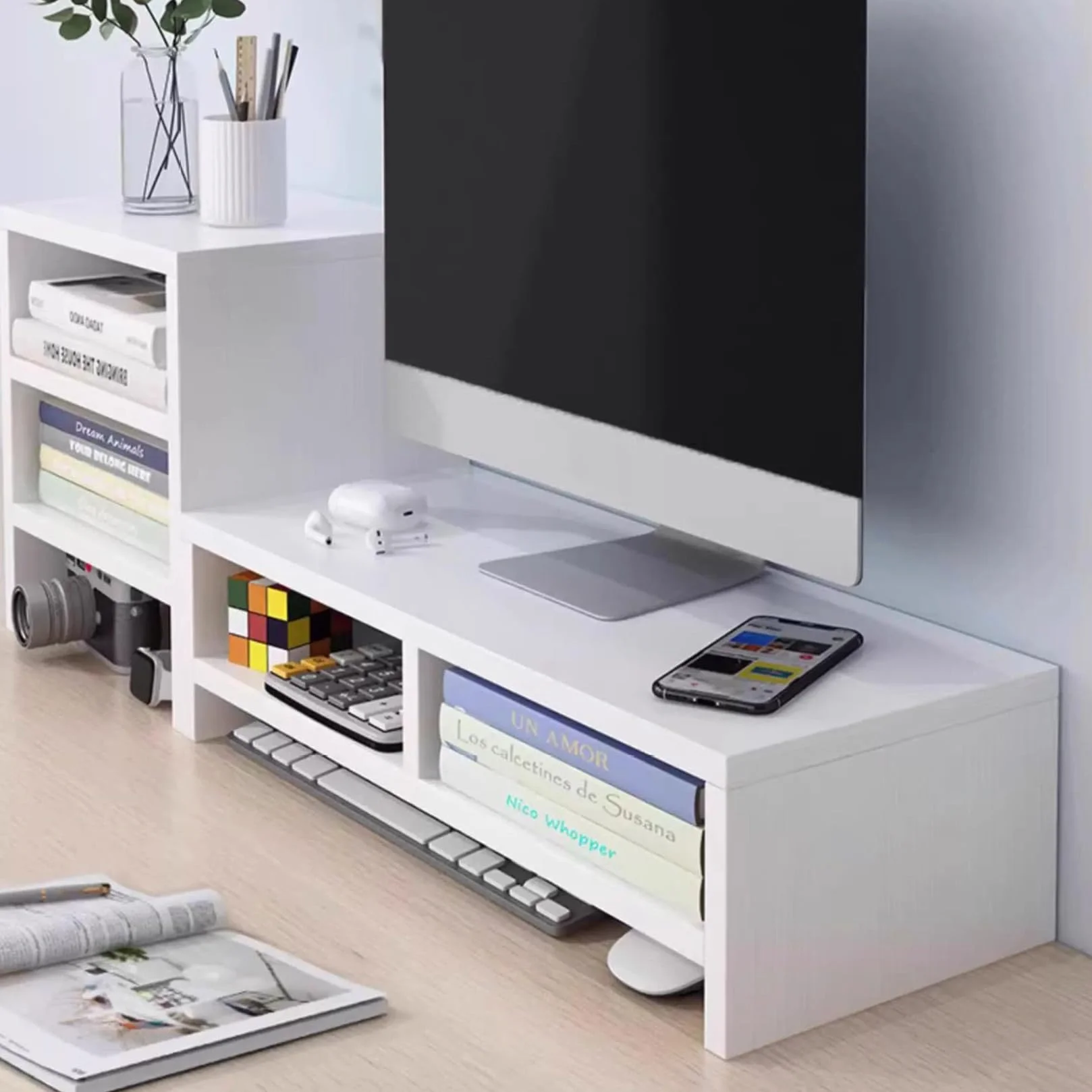 Stojak Na Monitor Biały Z Drewna z 2 Półkami Podwyższenie Ekranu Stojak Na Monitor Komputerowy Na Biurko Idealny Do Domowego Biura 40 X 20 X 13 Cm