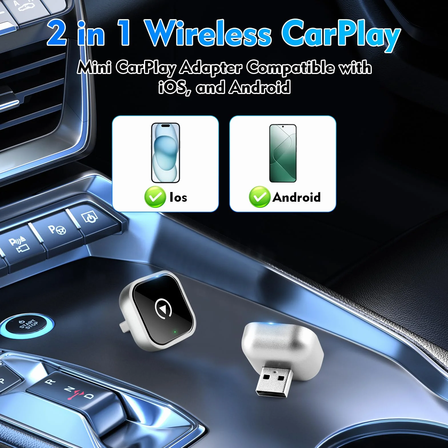 Bezprzewodowy Adapter Carplay 2 w 1, konwertuje przewodowy na bezprzewodowy, mini