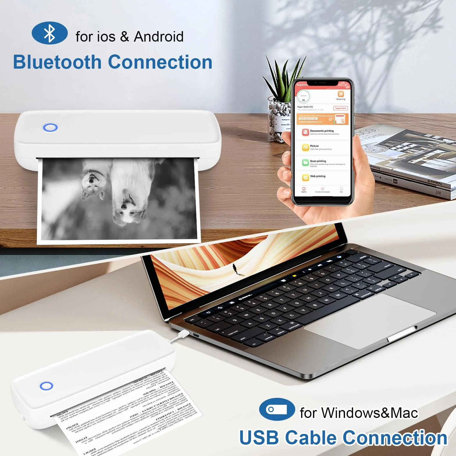 GuKKK Mobilna mini drukarka A4, przenośna drukarka termiczna A4, mała drukarka termiczna Bluetooth, obsługuje papier termiczny A4, 210 x 297 mm, druk termiczny w podróży i w domu, kompatybilna z iOS i