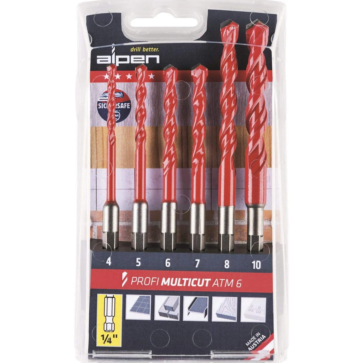 ALPEN 100802100 HM uniwersalny zestaw profesjonalnych wierteł Multicut 1/4" trzpień sześciokątny 4-10 mm 6-TLG, srebrny