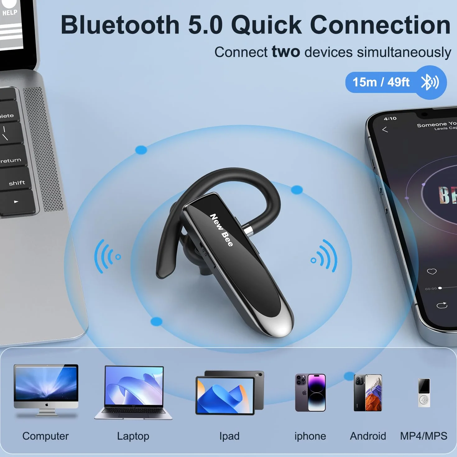 New Bee Zestaw słuchawkowy Bluetooth bezprzewodowy głośnomówiący z mikrofonem do iPhone Samsung Huawei 60 dni czuwania czarny